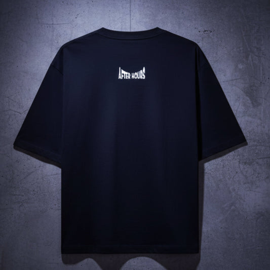 Black t-shirt with "After Hours" embroidered on the back against a grey background