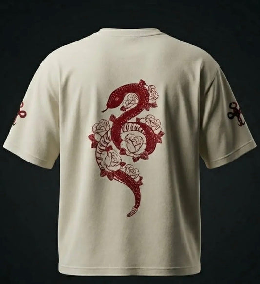 Off-white t-shirt with red snake and rose design on the back against a black background