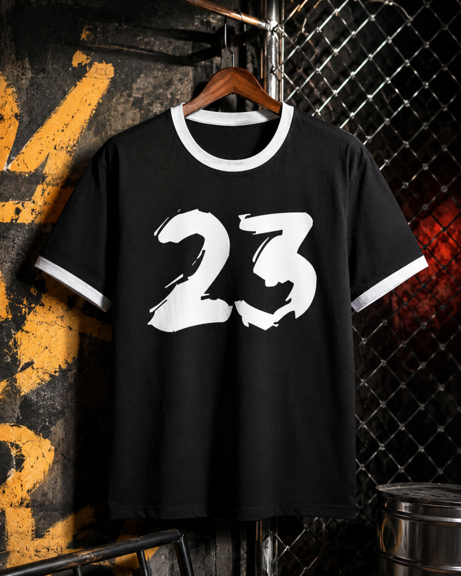 Black t-shirt with white '23' design on a hanger against a textured wall.