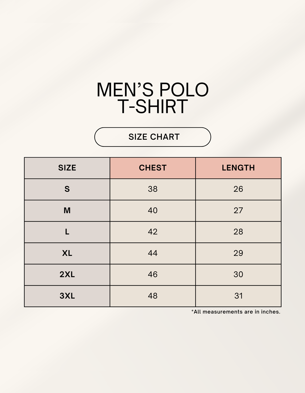 Men's polo t-shirt size chart on a light gray background