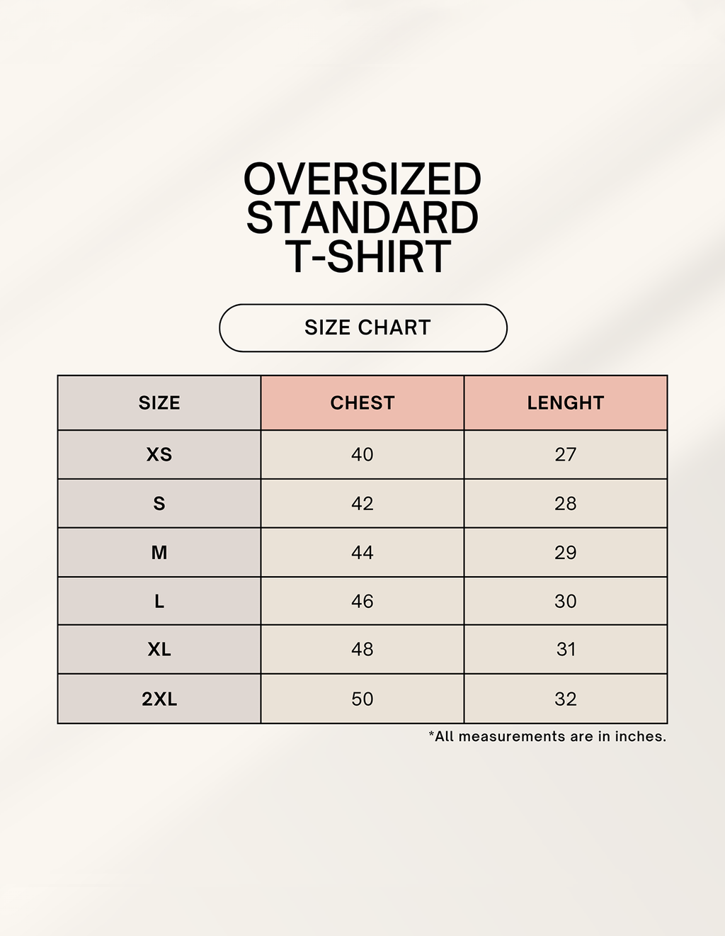 Oversized standard t-shirt size chart