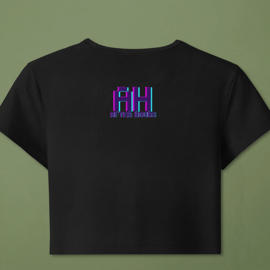 AH logo with After Hours text below it on a black crop top