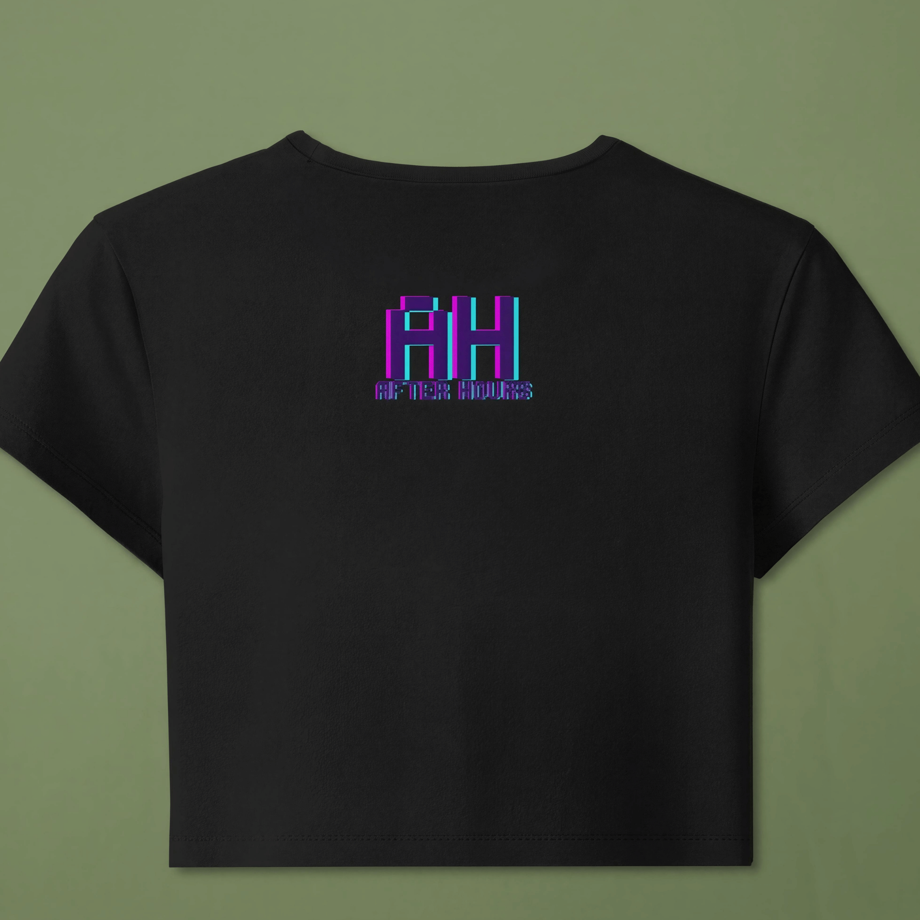 AH logo with After Hours text below it on a black crop top