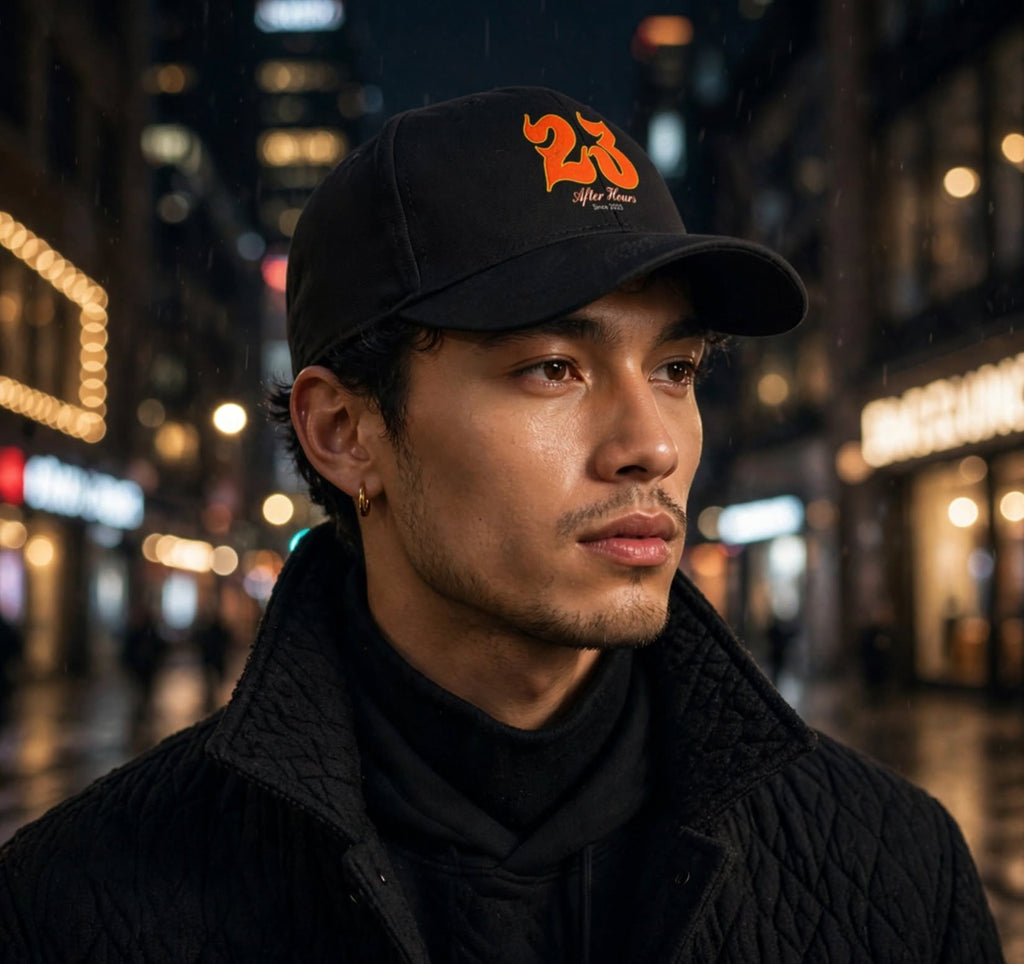 A man wearing a black baseball cap with an orange '23' and 'After Hours' logo, photographed in a rainy city street setting at night.