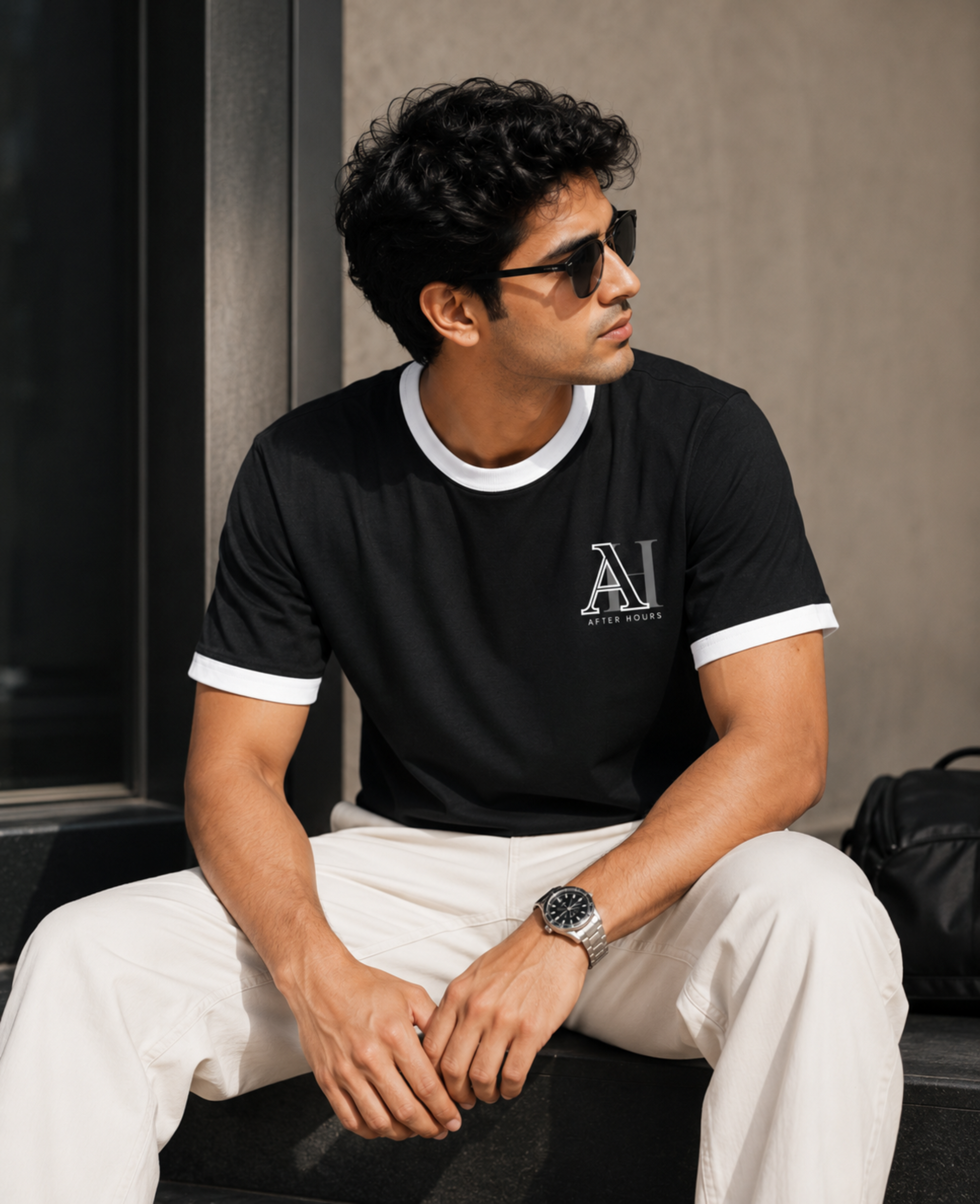 Man wearing a black t-shirt with the After Hours logo and white pants, sitting outdoors.