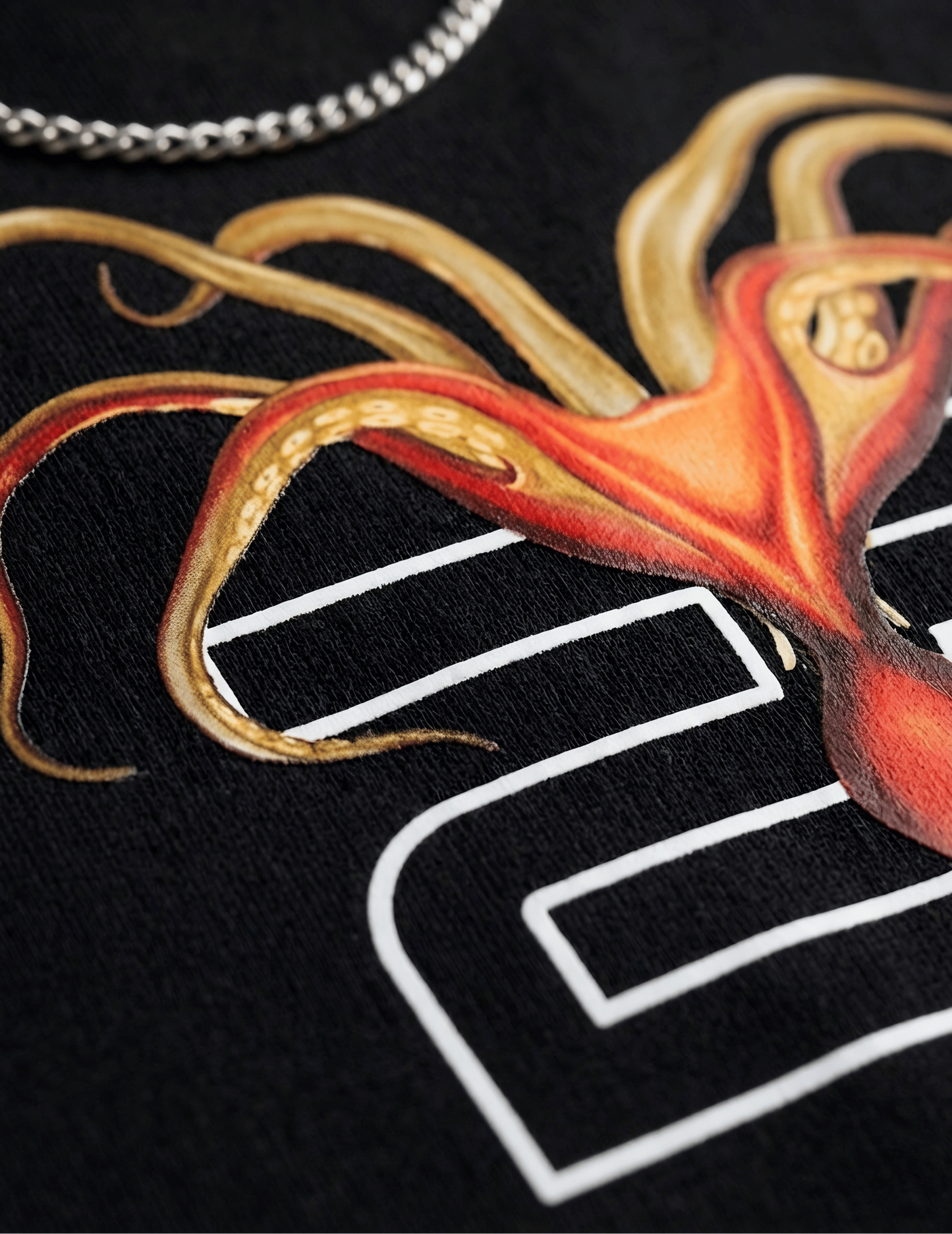 Close-up of a black shirt with an octopus design.