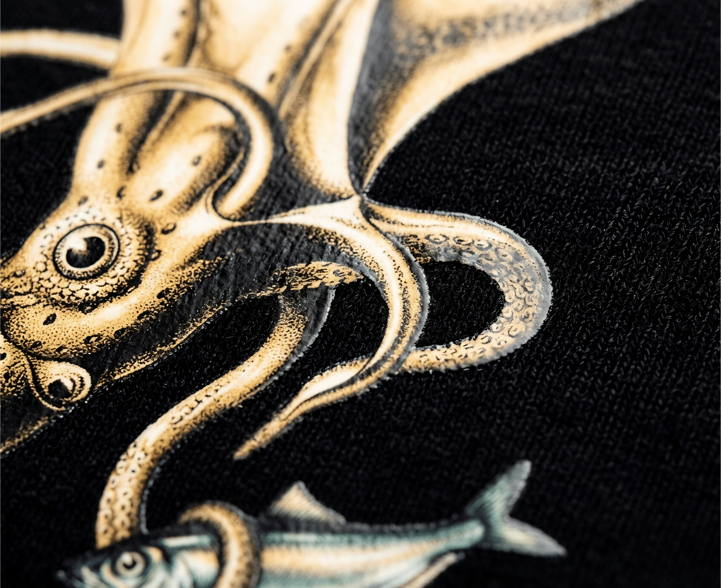 Close-up of a detailed squid design on a black background
