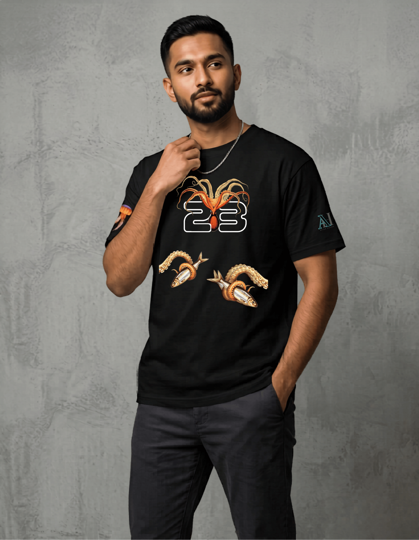 Man wearing a black t-shirt with graphics and text against a grey background