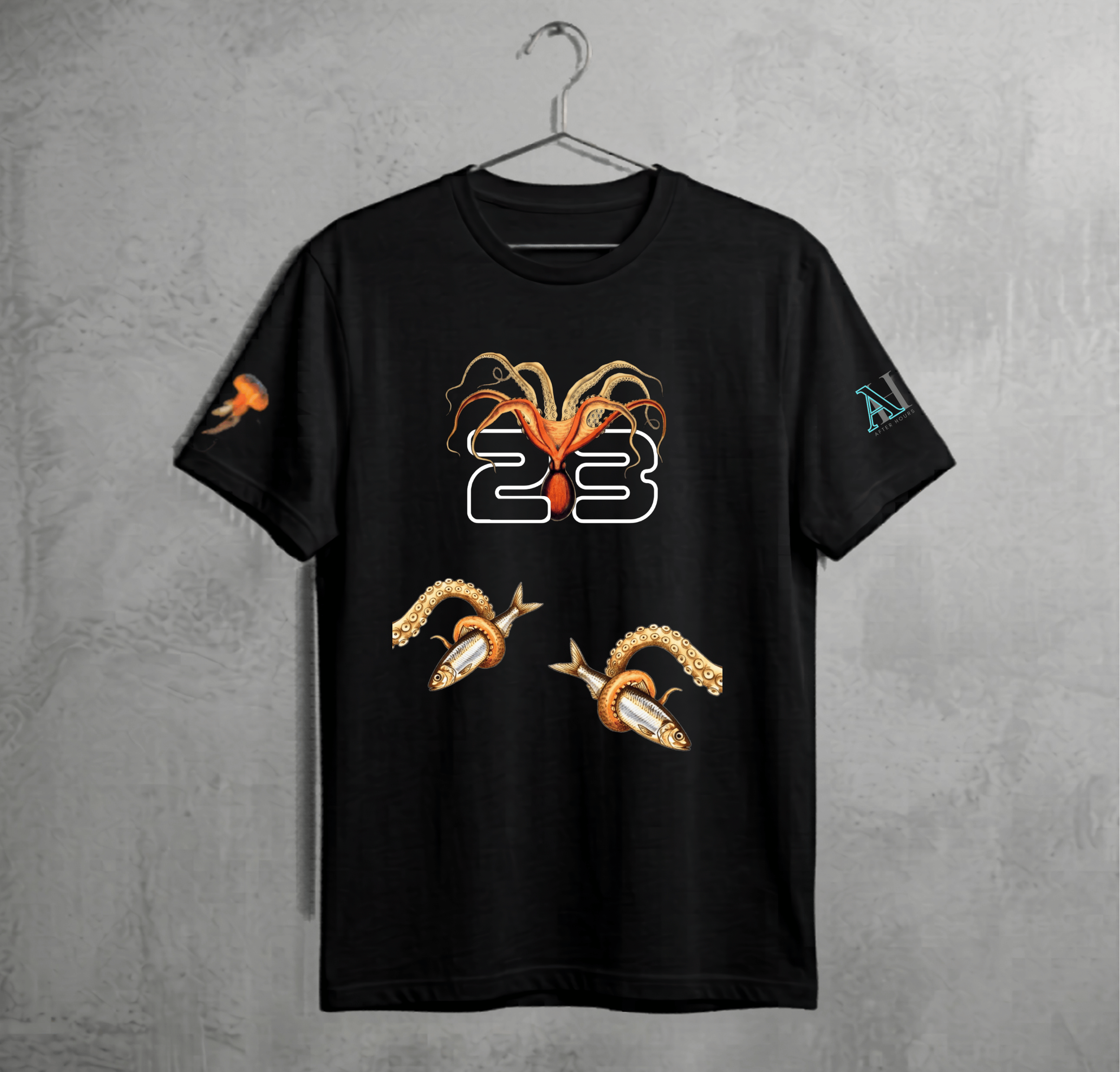 Black t-shirt with graphic designs on a gray textured background
