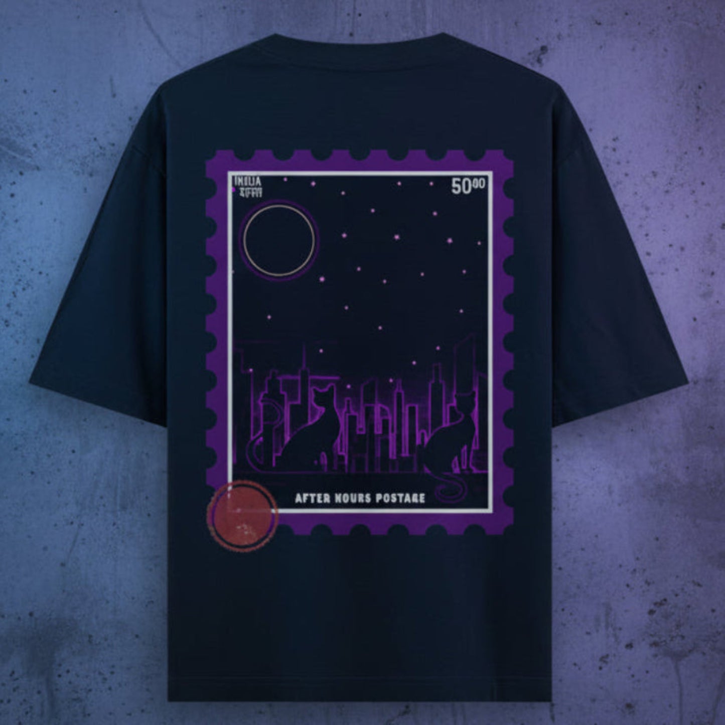 Black t-shirt with purple graphic design on a textured wall background