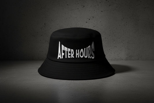 Black bucket hat with 'AFTER HOURS' text embroidered on a grey background