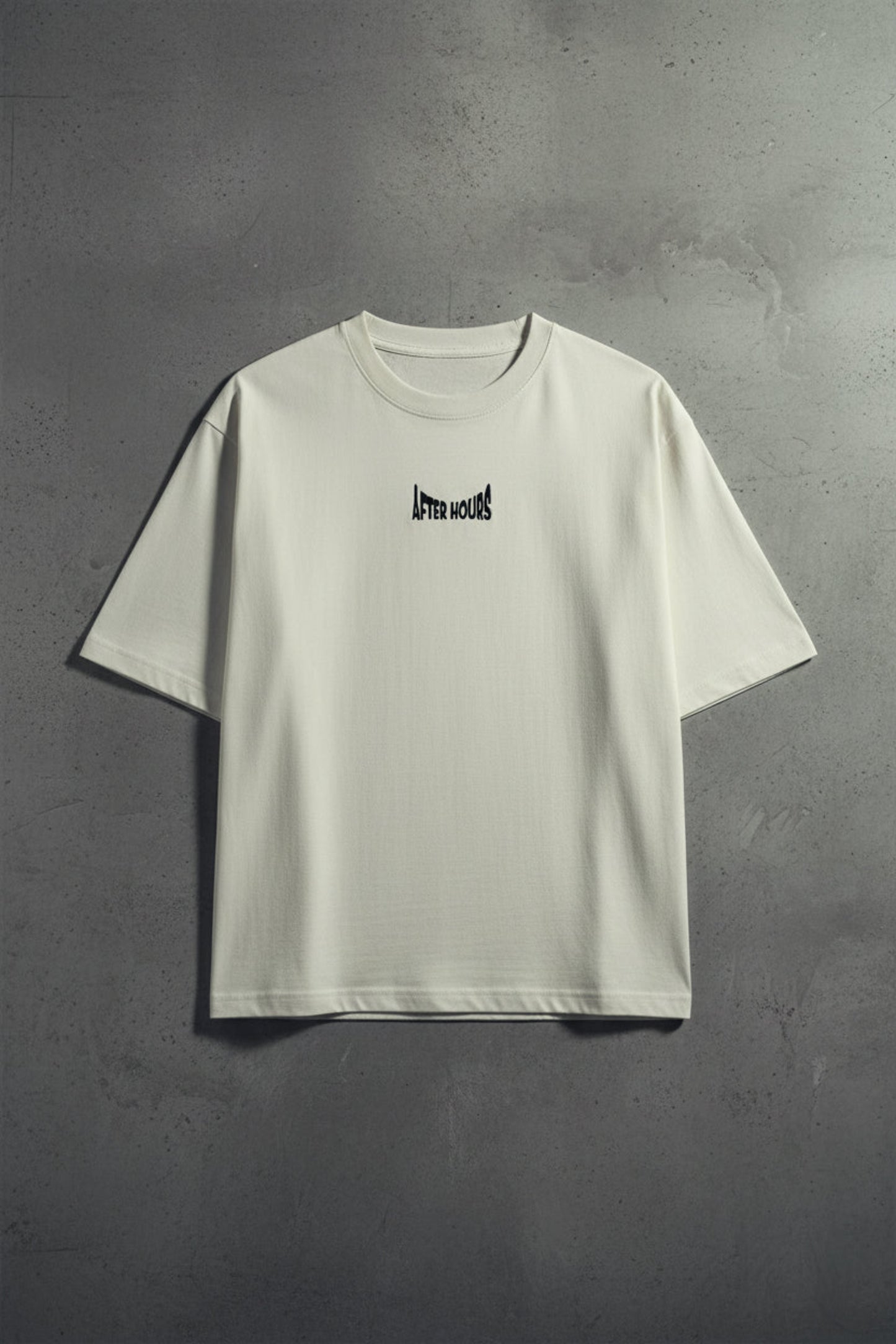 Off-white t-shirt with black text embroidered on a grey background