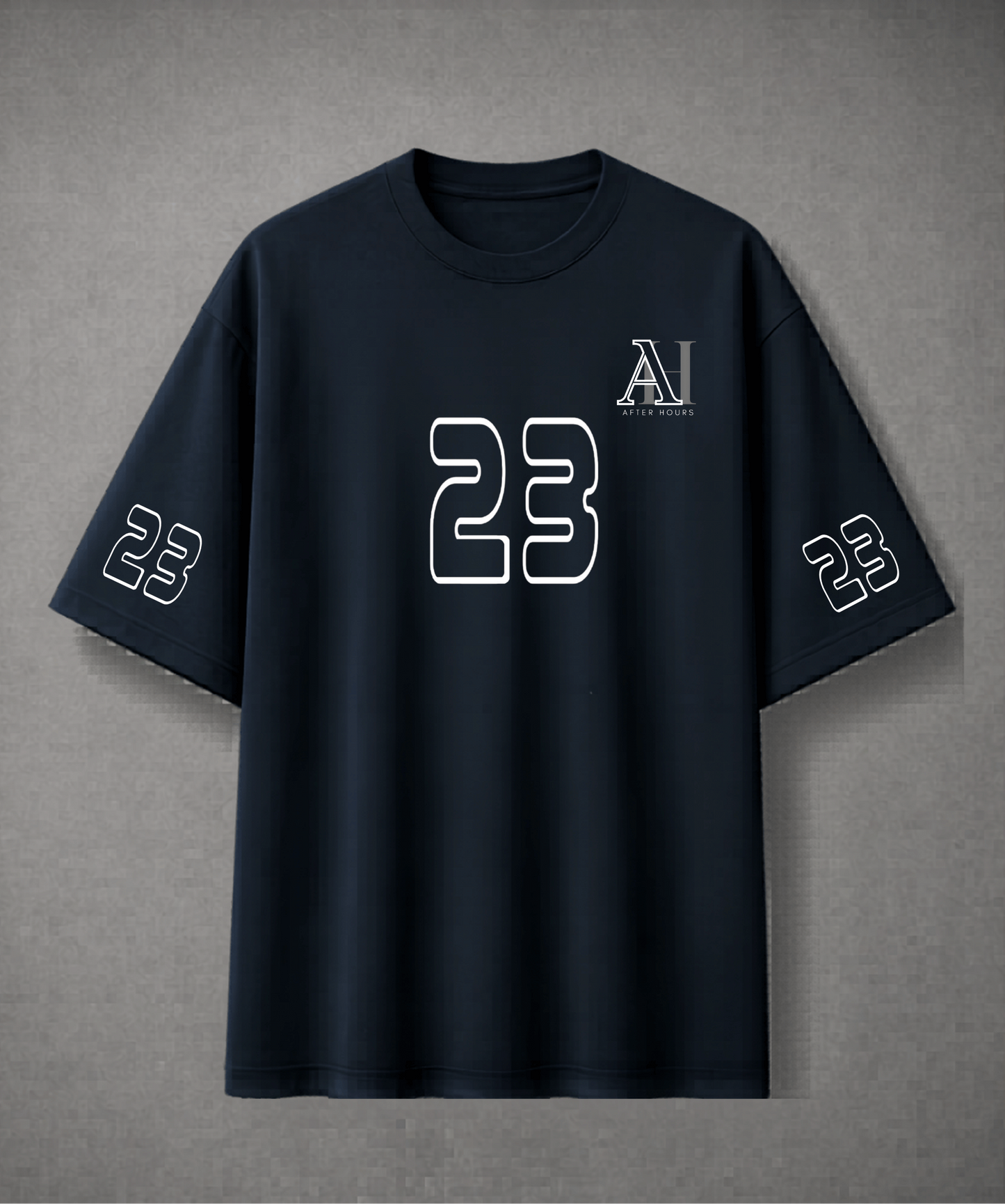 Navy blue t-shirt with '23' printed on a grey background