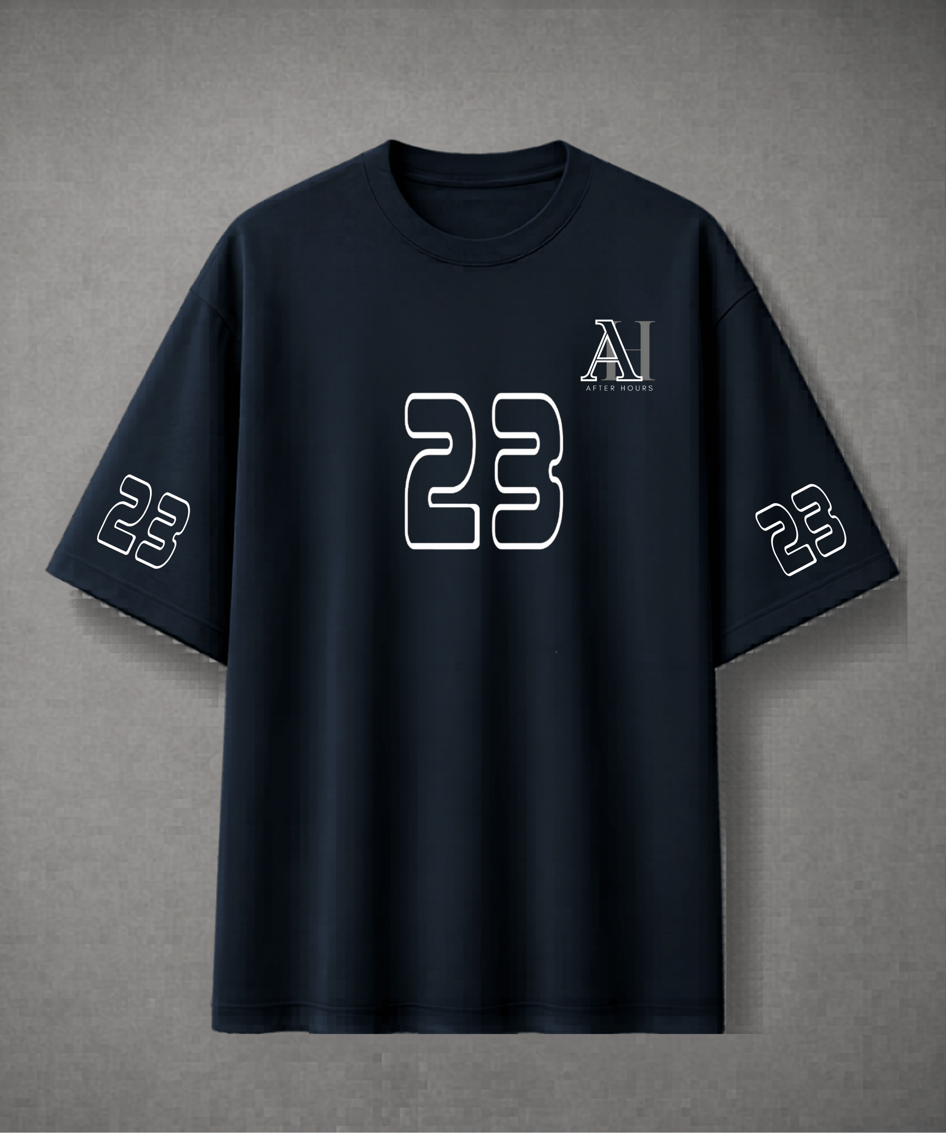 Navy blue t-shirt with '23' printed on a grey background