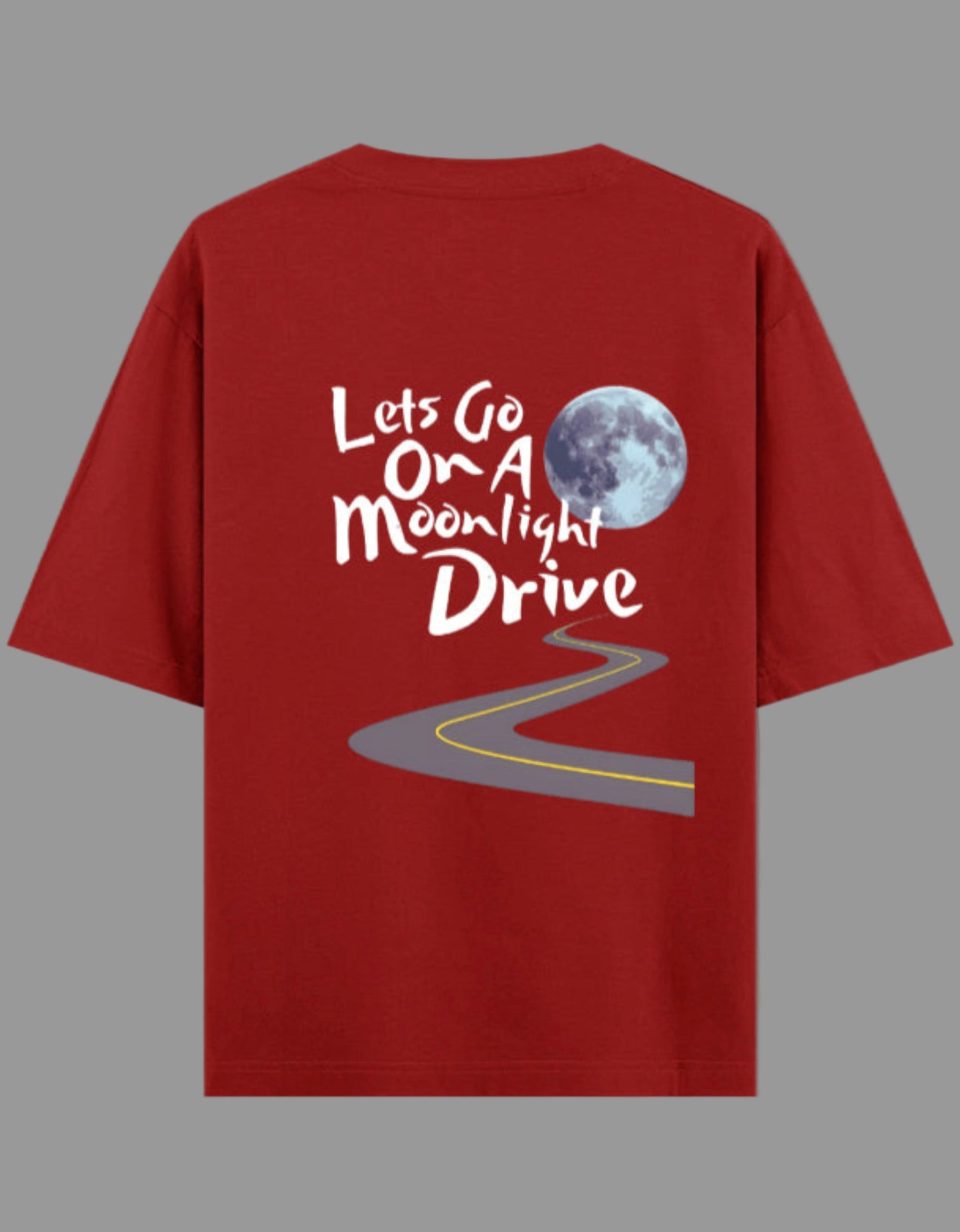 Red t-shirt with 'Let's Go On A Moonlight Drive' text and moon graphic on a gray background