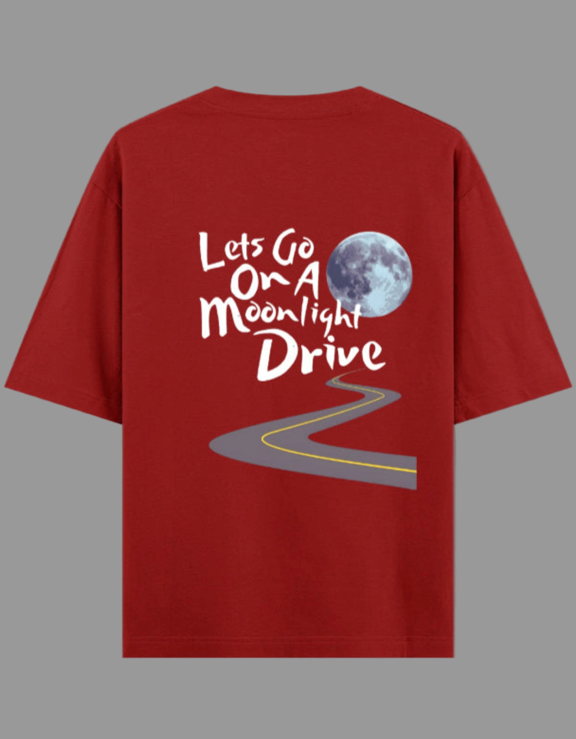 Red t-shirt with 'Let's Go On A Moonlight Drive' text and moon graphic on a gray background