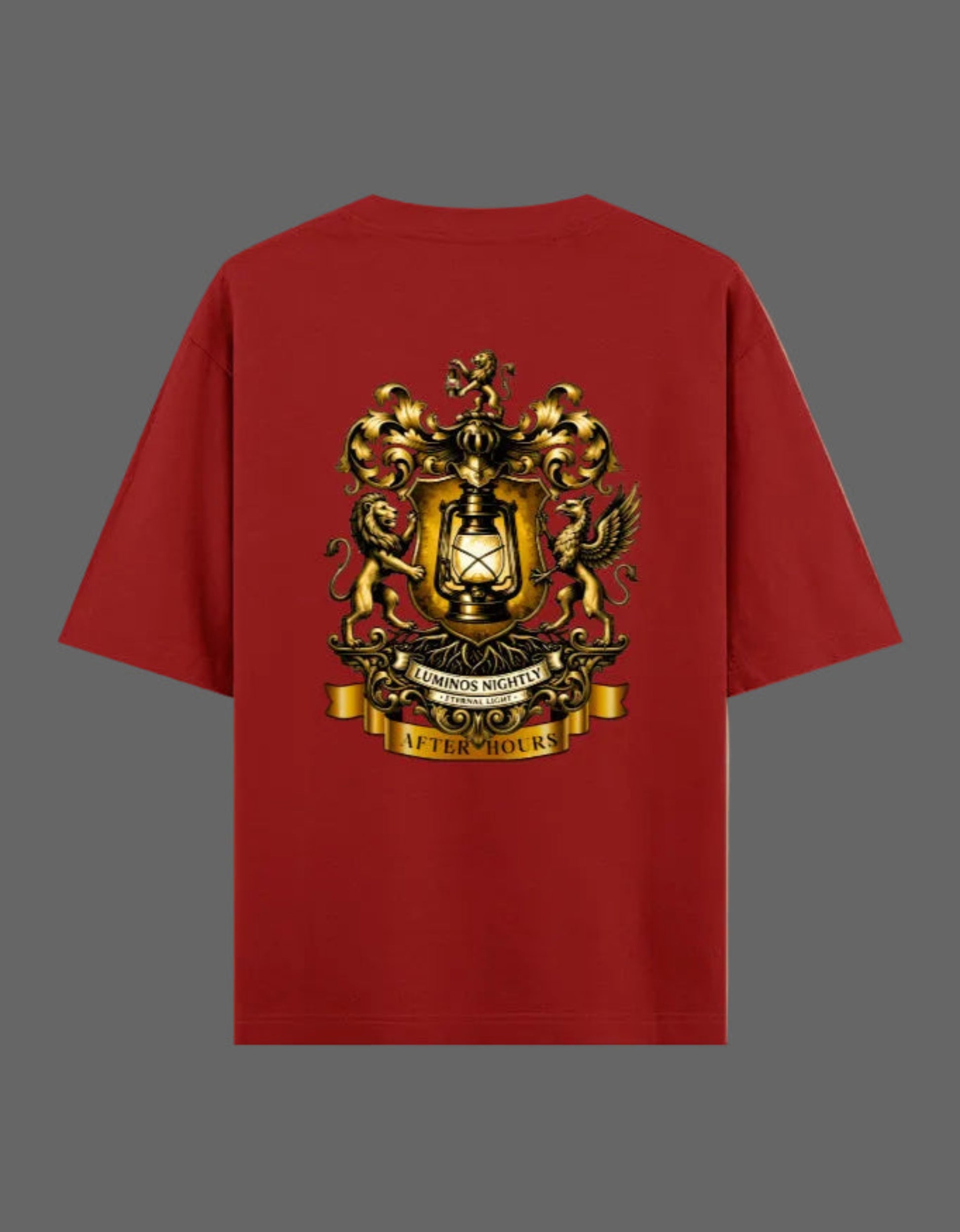 Red t-shirt with a gold After Hours Coat of Arms emblem on the back against a grey background