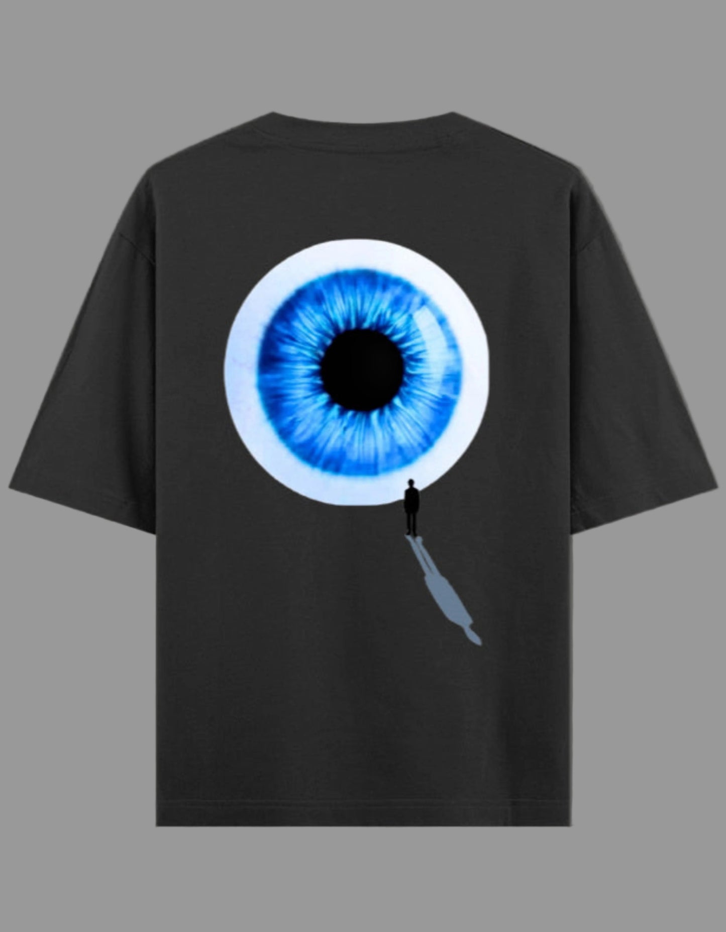 Black t-shirt with a blue eye design on the back against a gray background