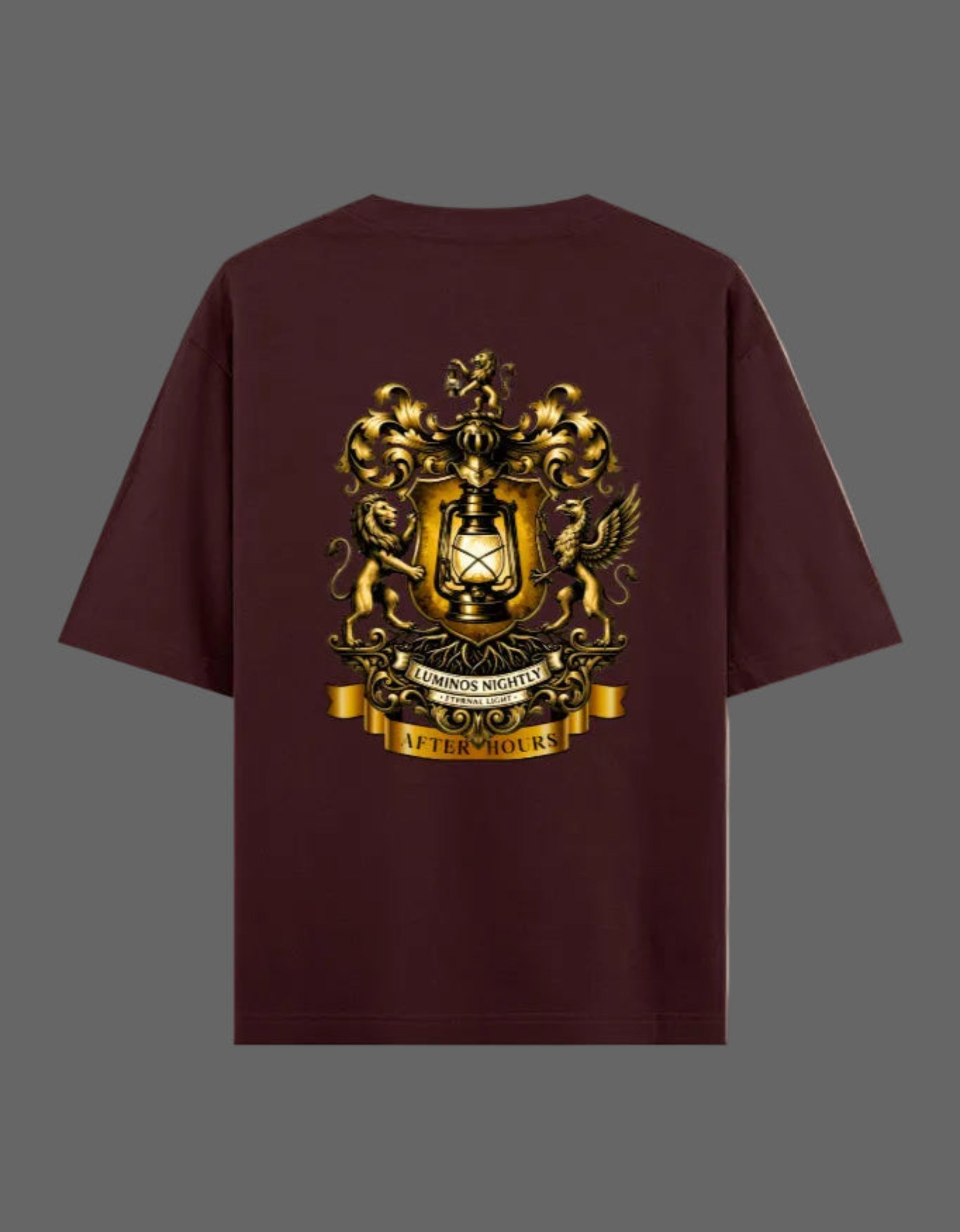 Maroon t-shirt with gold After Hours Coat of Arms emblem on a grey background