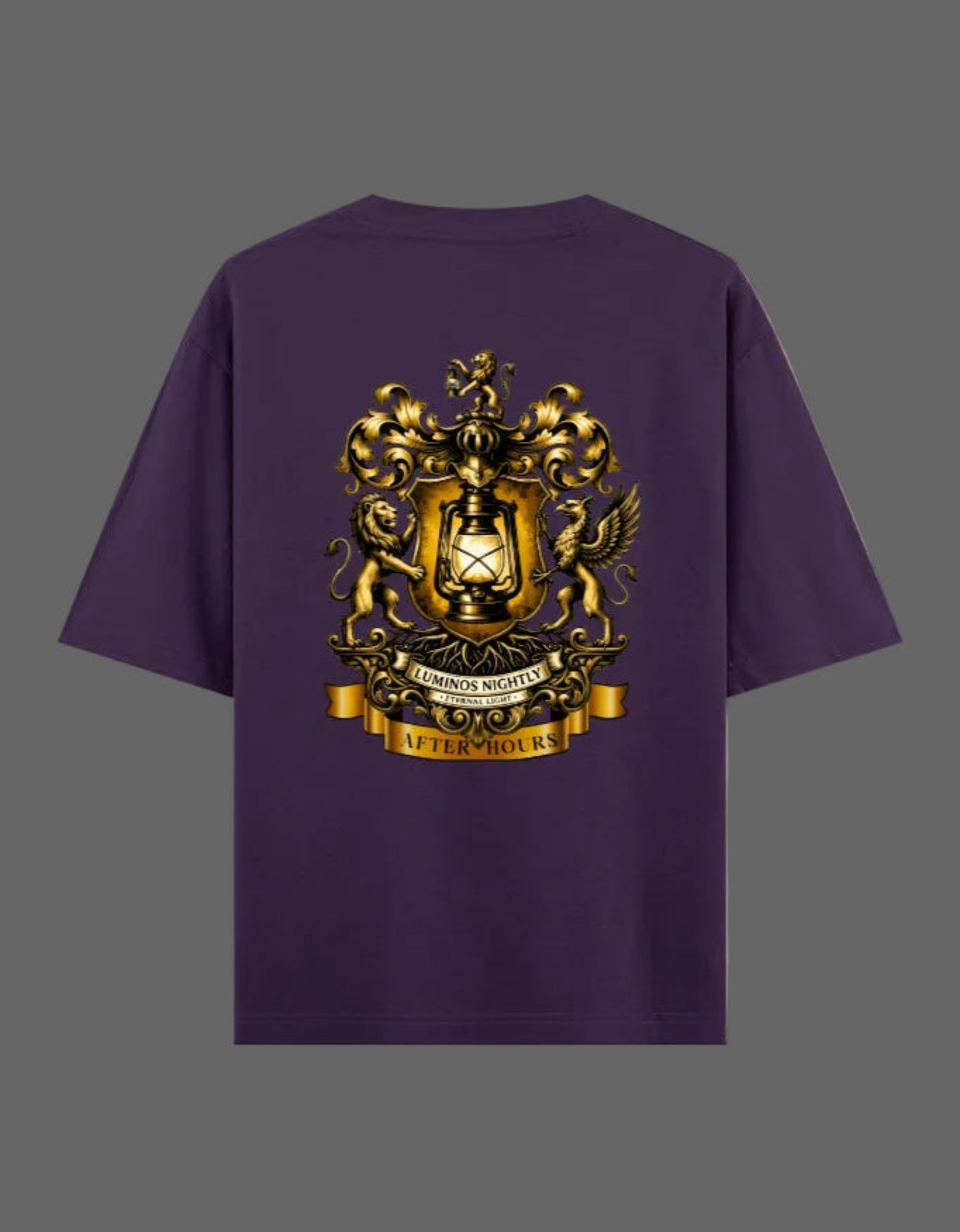 Purple t-shirt with a gold After Hours Coat of Arms emblem on the back against a grey background