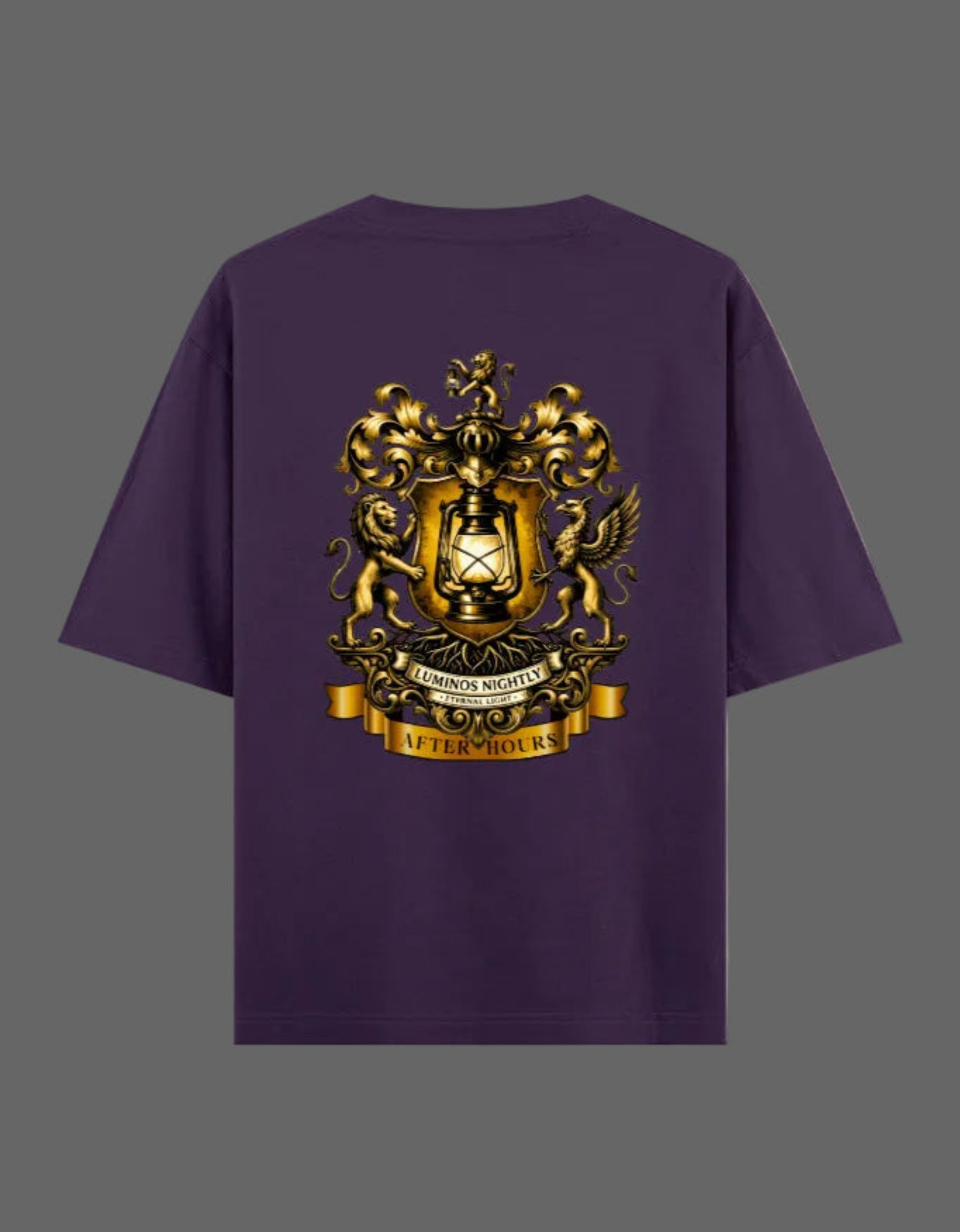 Purple t-shirt with a gold After Hours Coat of Arms emblem on the back against a grey background