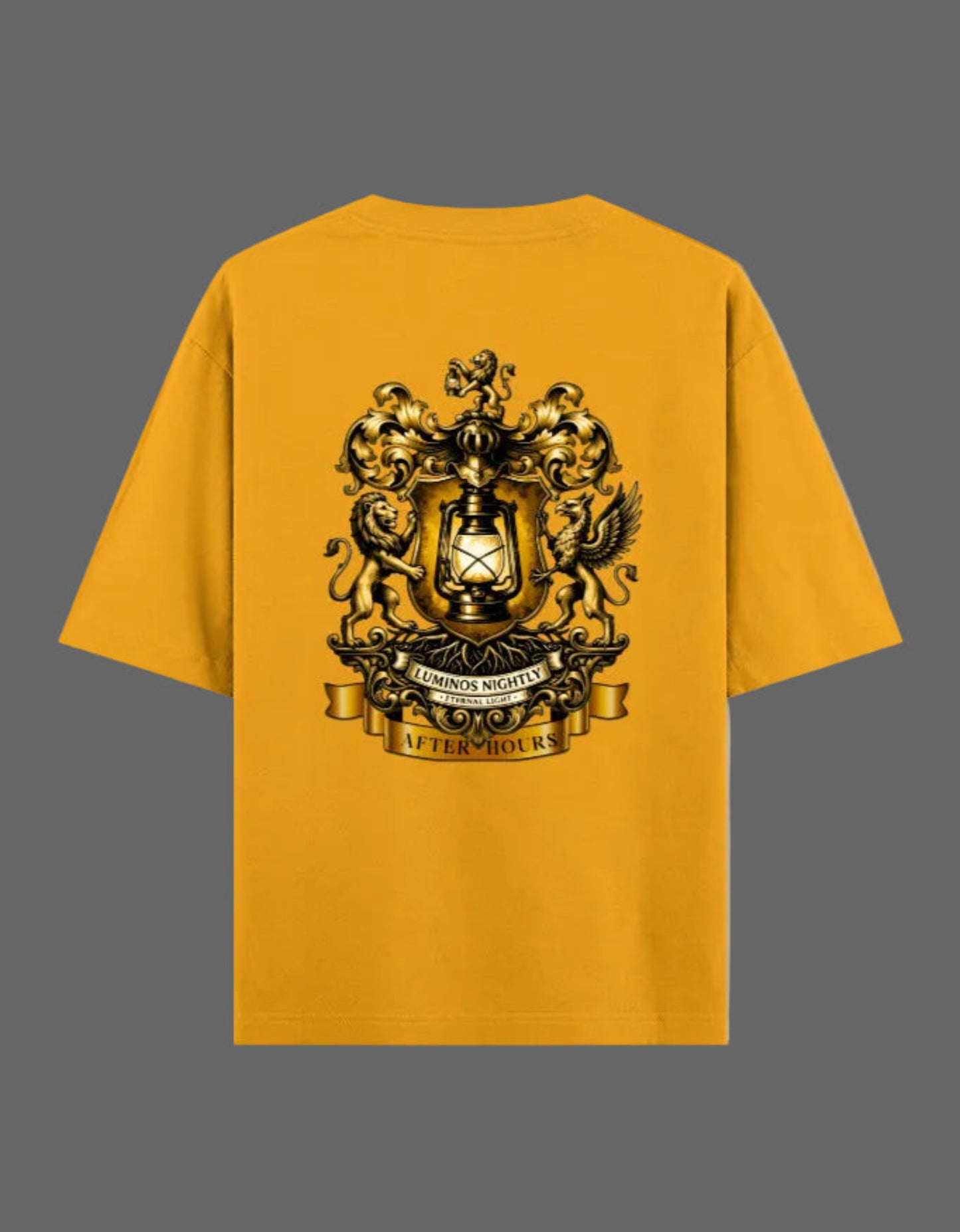 Yellow t-shirt with a gold After Hours Coat of Arms emblem design on a grey background