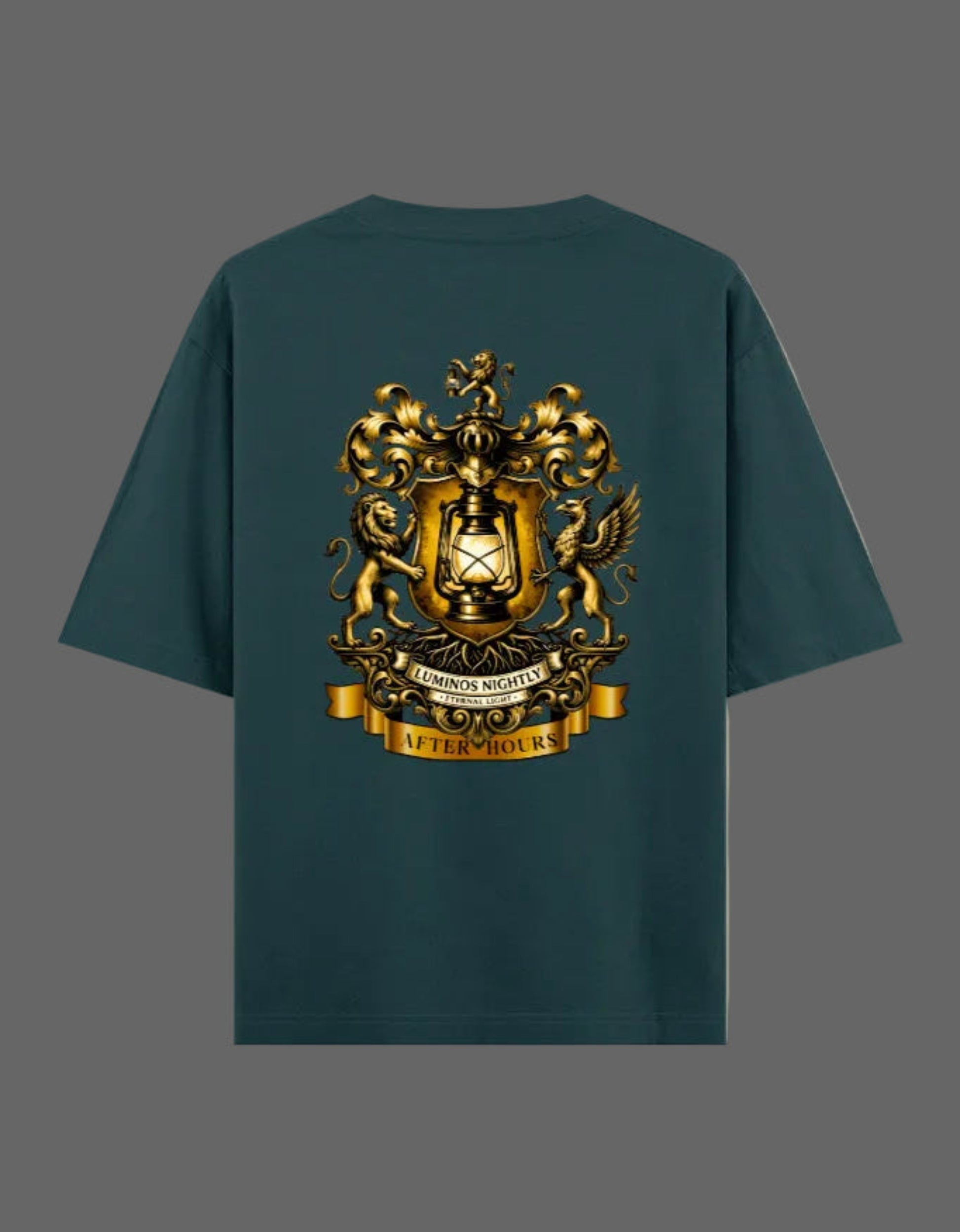 Petrol blue t-shirt with a gold After Hours Coat of Arms emblem on the back against a grey background