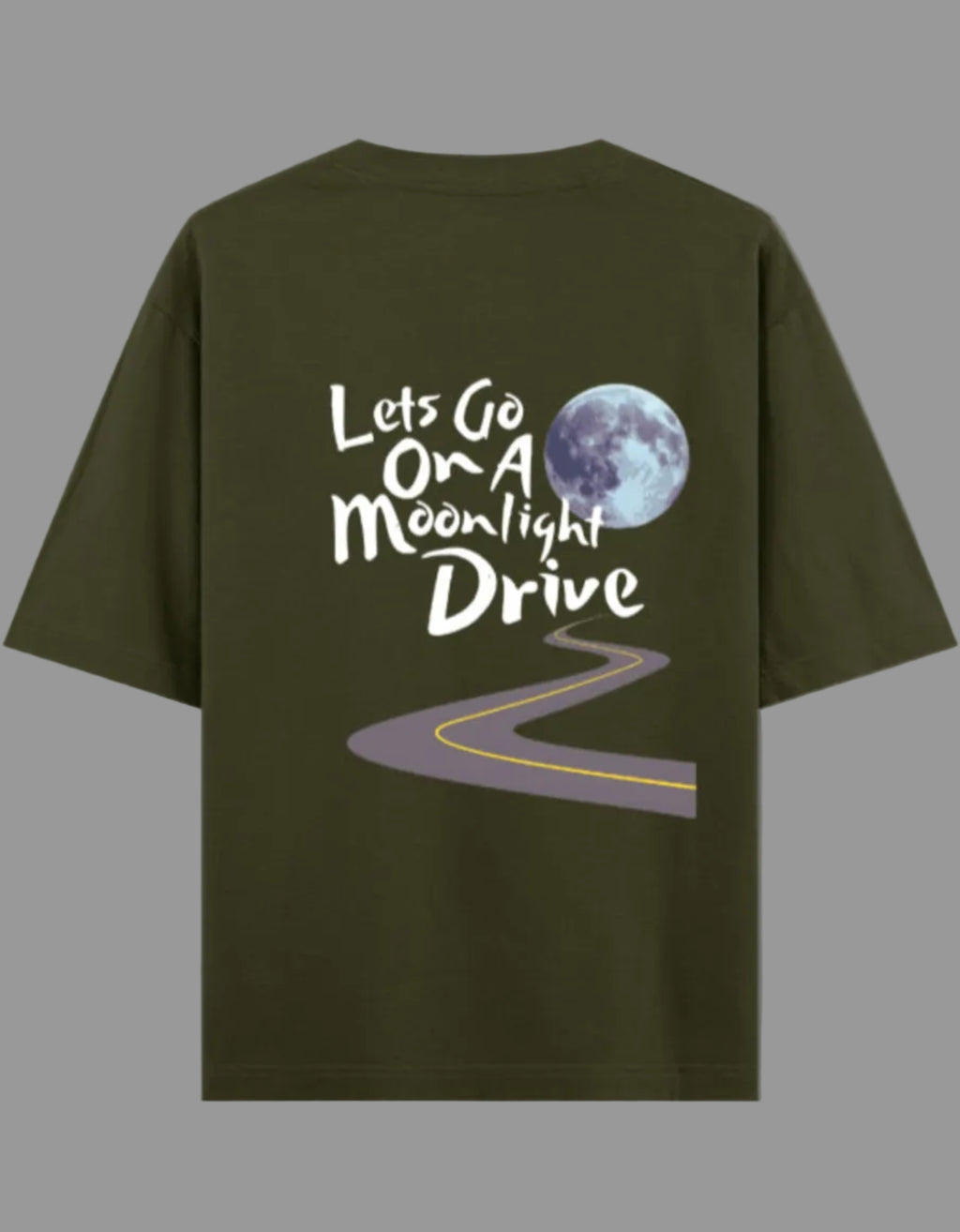 Green t-shirt with 'Let's Go On A Moonlight Drive' text and moon graphic on a gray background