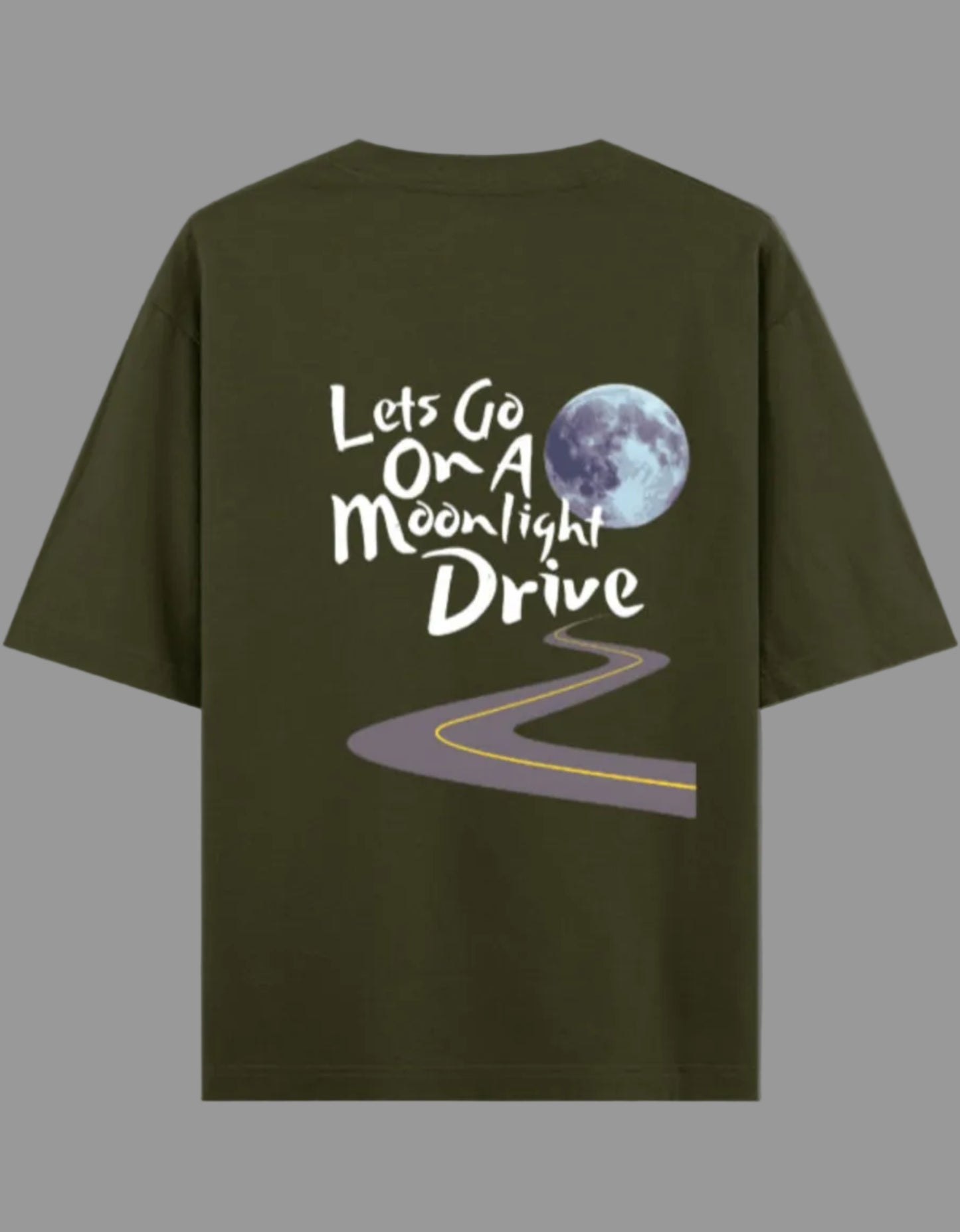 Green t-shirt with 'Let's Go On A Moonlight Drive' text and moon graphic on a gray background