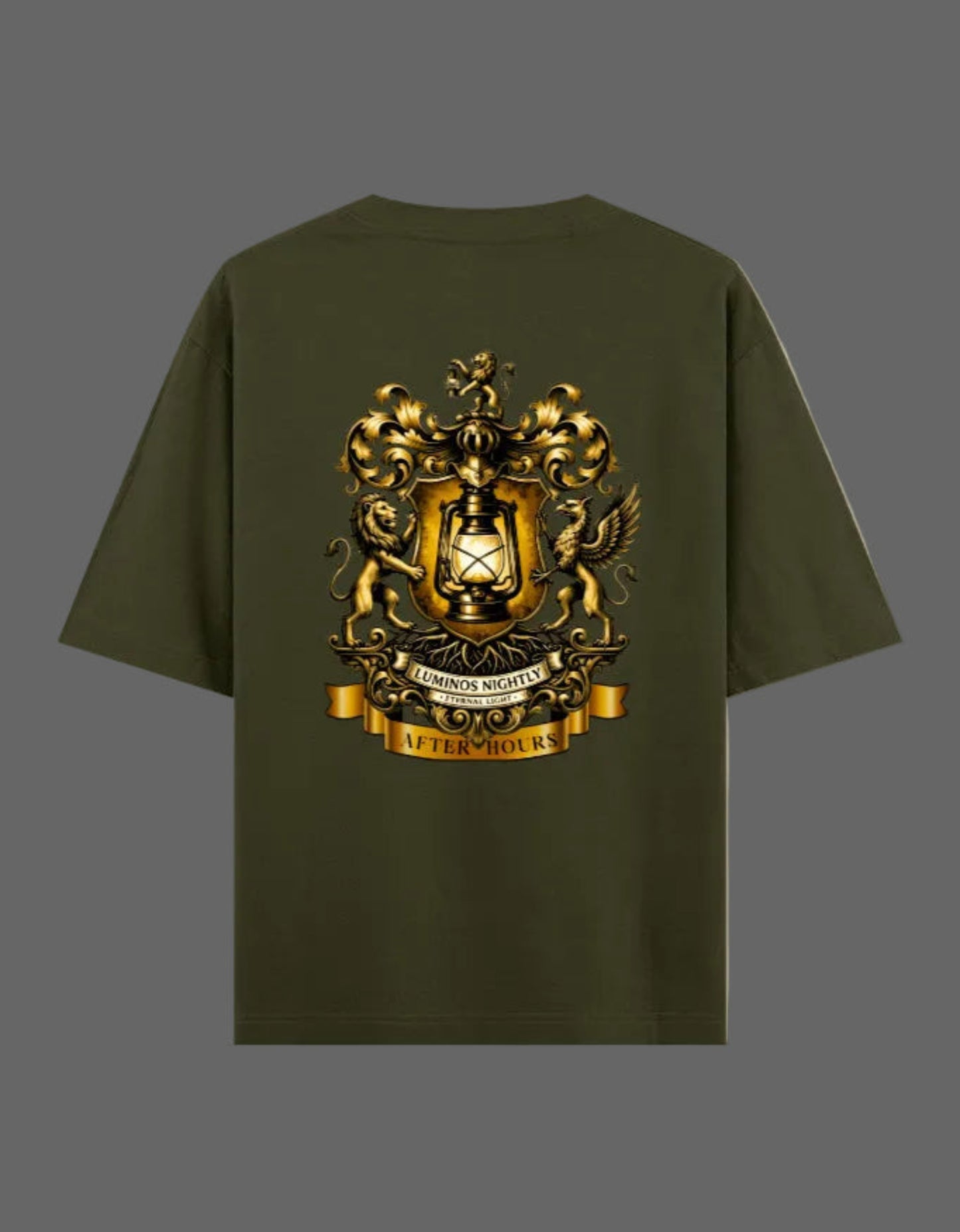 Olive green t-shirt with a gold After Hours Coat of Arms emblem on the back against a grey background