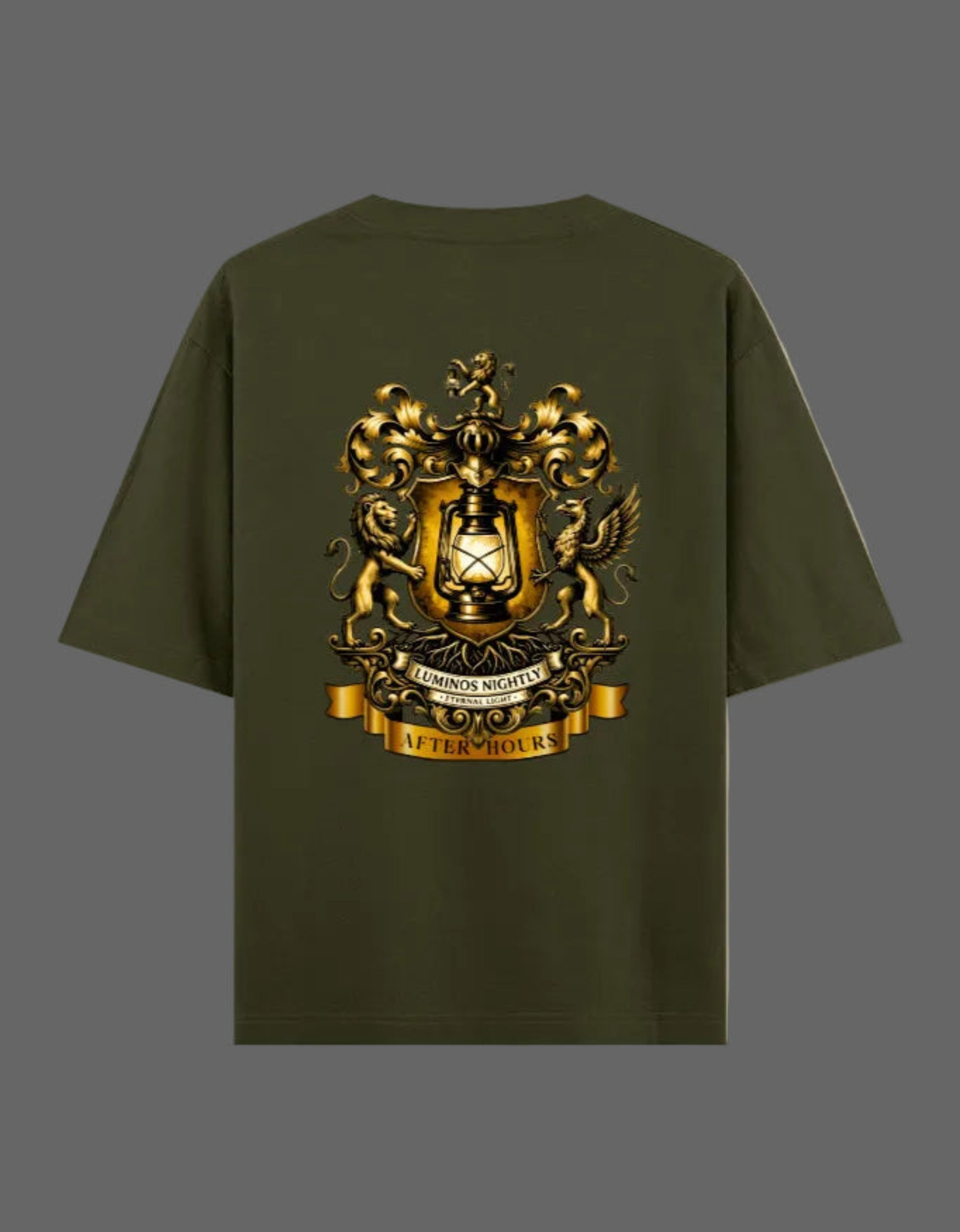 Olive green t-shirt with a gold After Hours Coat of Arms emblem on the back against a grey background