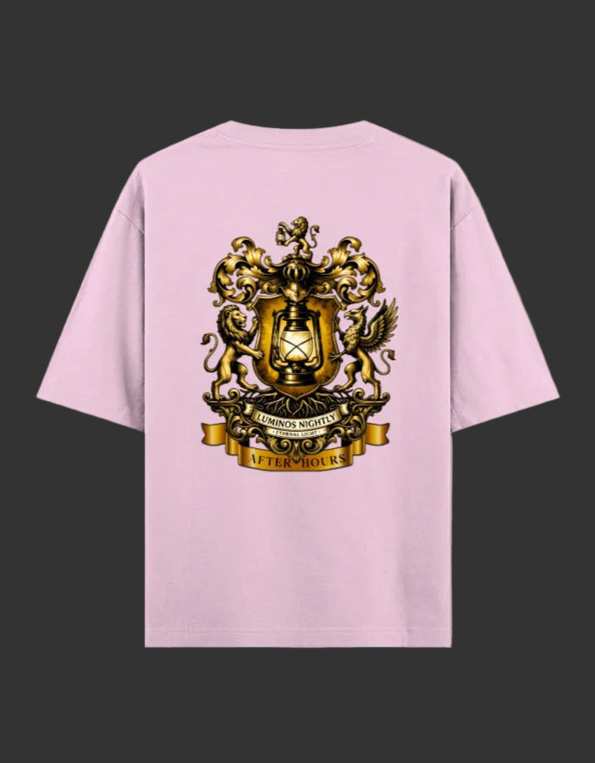 Pink t-shirt with a gold After Hours Coat of Arms emblem design on a grey background