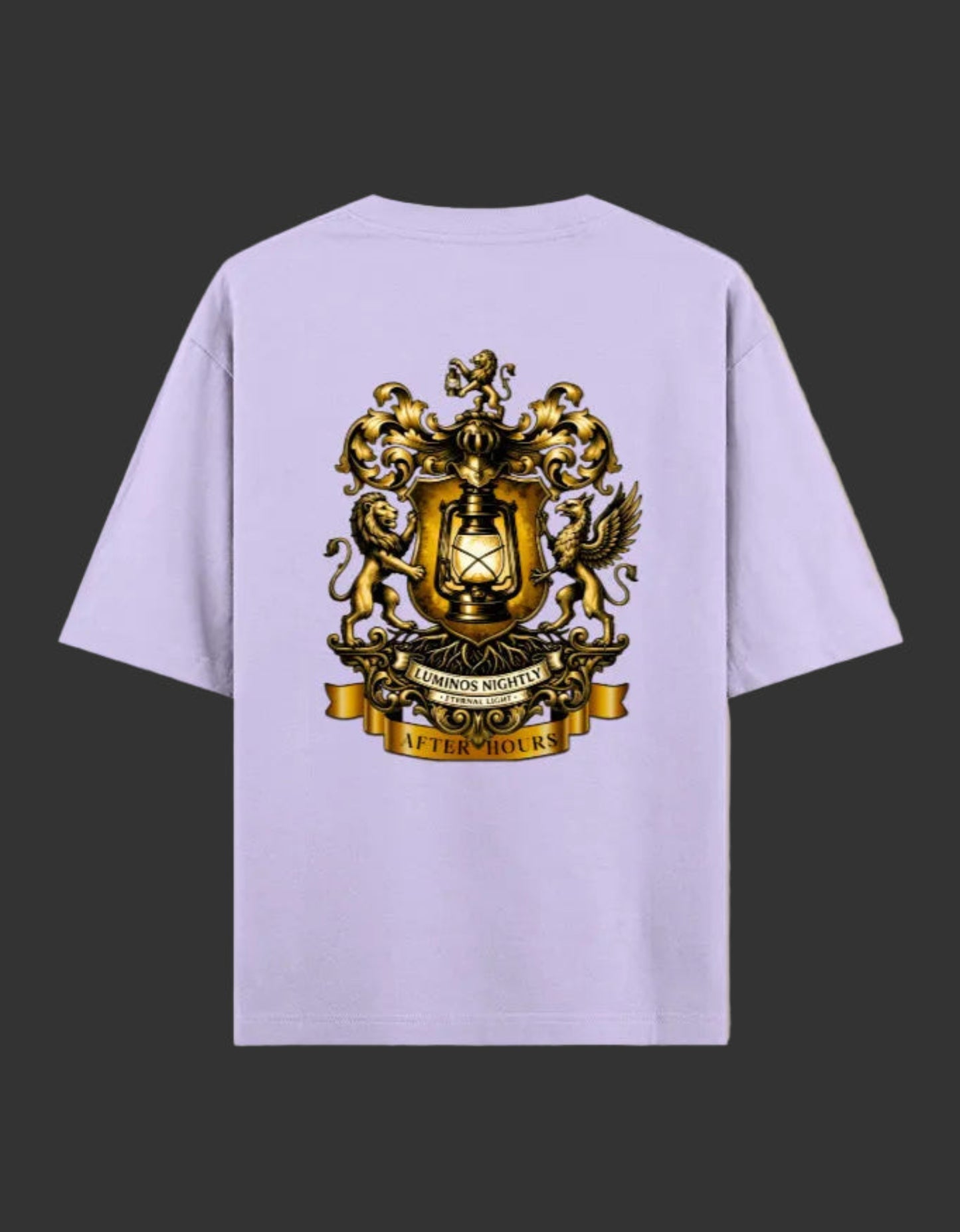 Lavender t-shirt with a gold After Hours Coat of Arms emblem on the back against a grey background