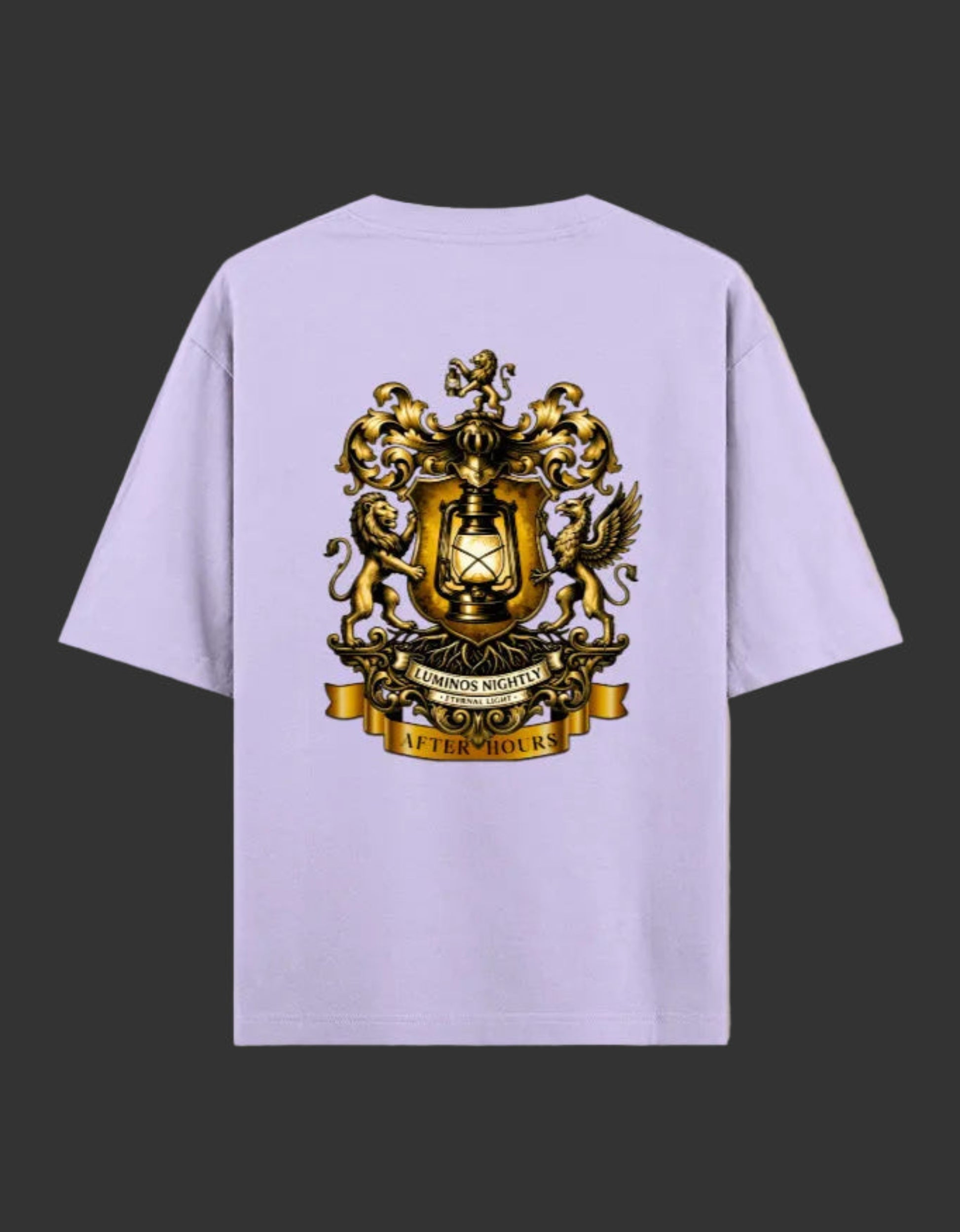 Lavender t-shirt with a gold After Hours Coat of Arms emblem on the back against a grey background