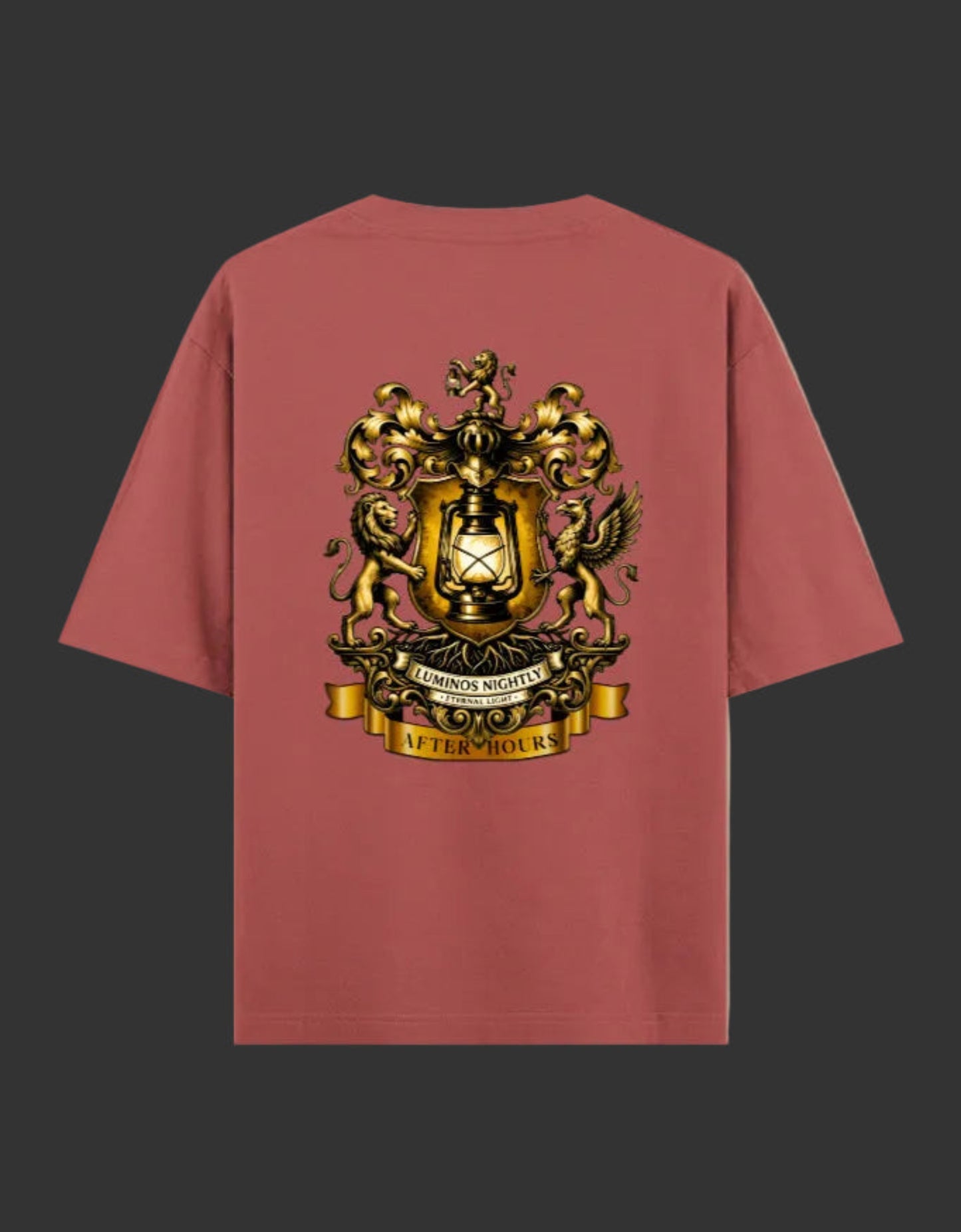 Coral t-shirt with a gold After Hours Coat of Arms emblem on the back against a grey background