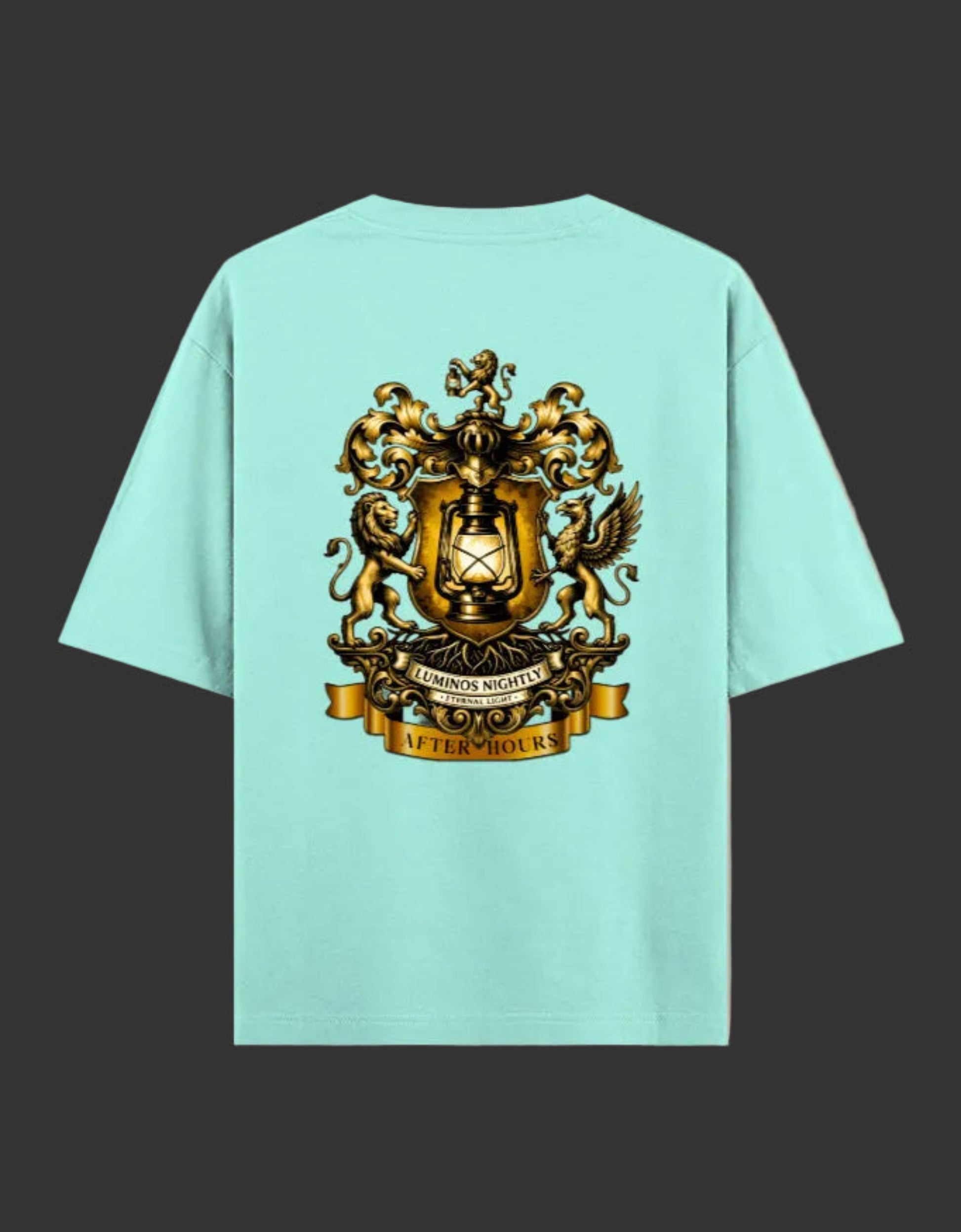 Mint green t-shirt with a gold After Hours Coat of Arms emblem on a grey background