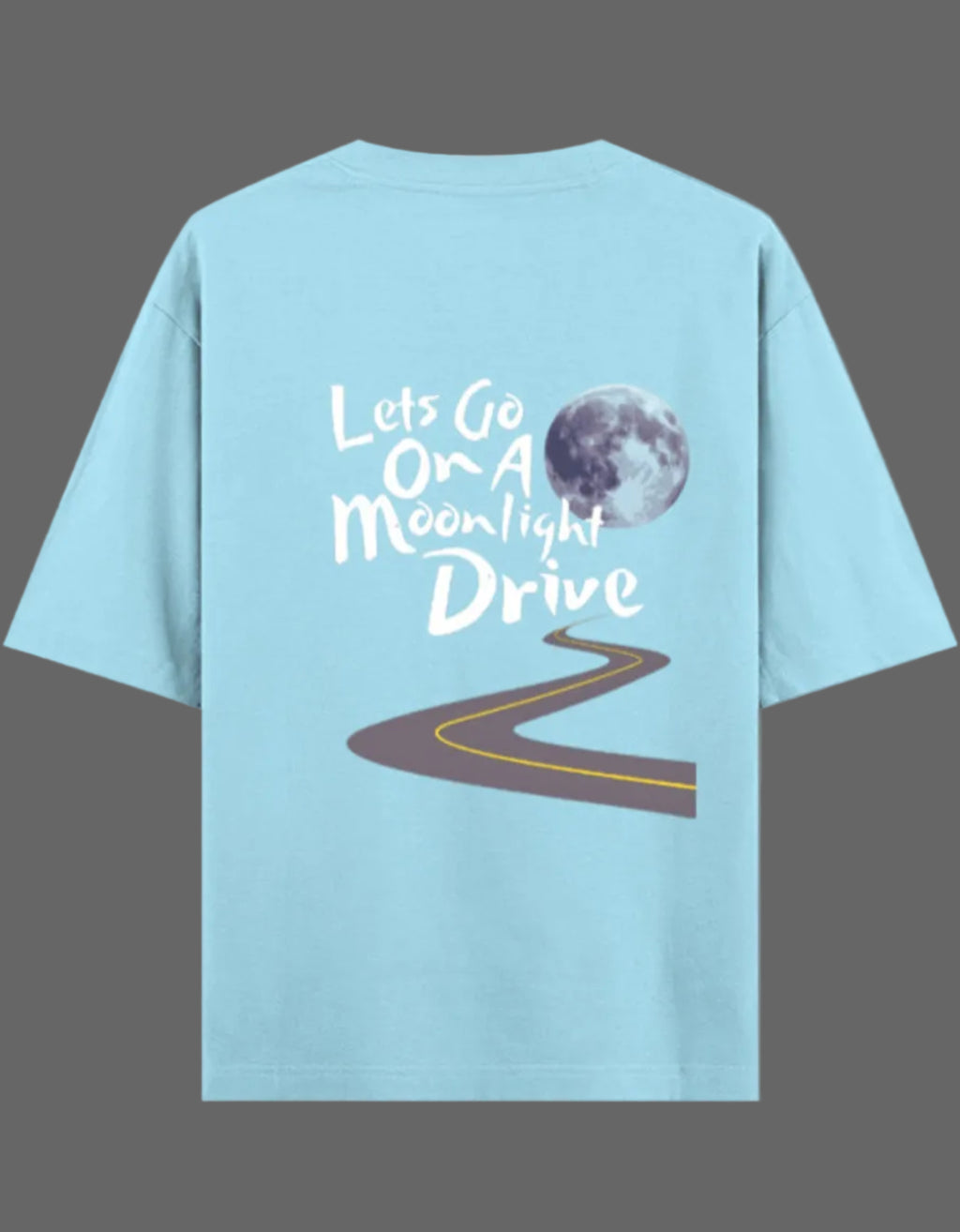 Light blue t-shirt with a moonlight drive graphic and text on the back against a gray background