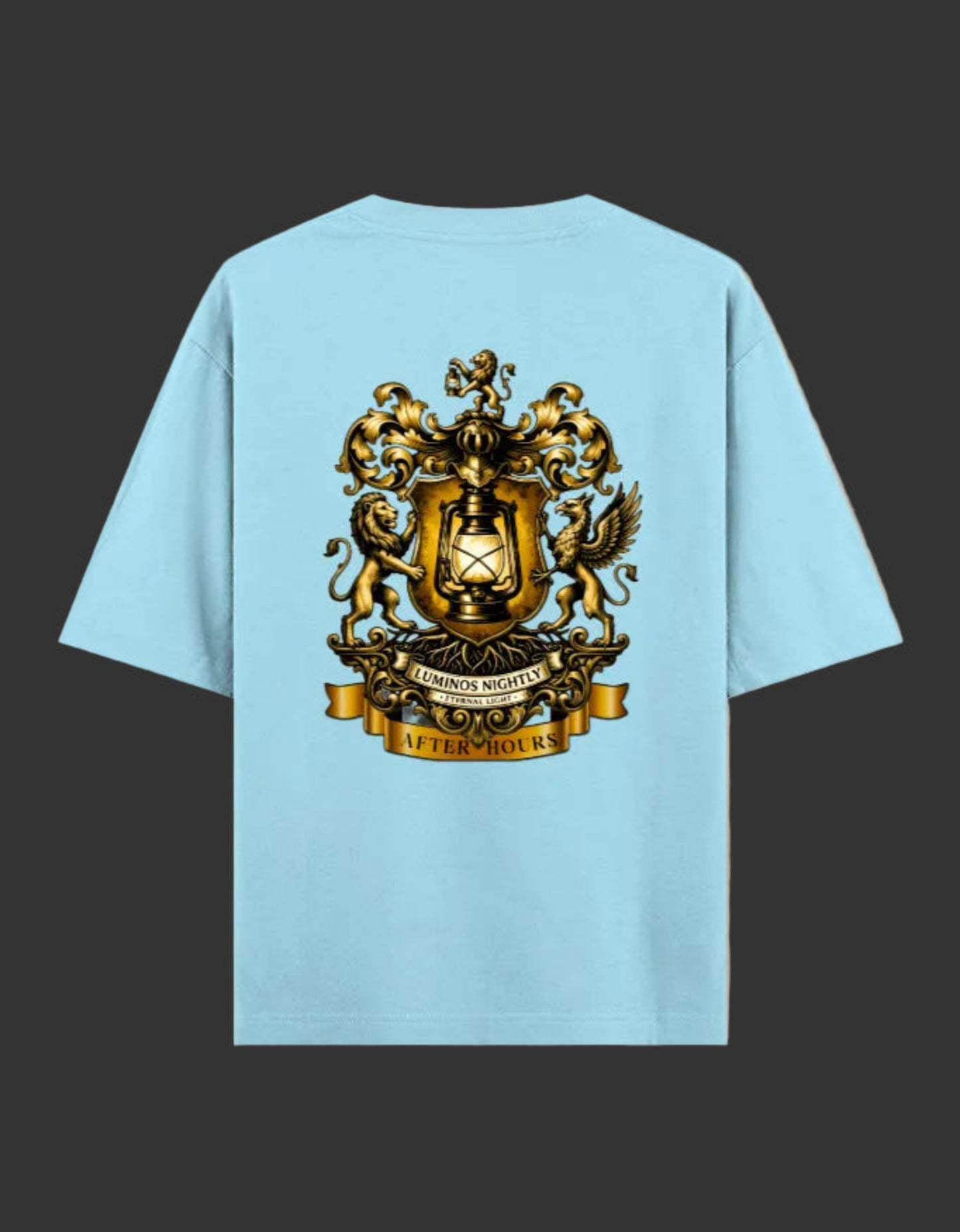 Baby blue t-shirt with a gold After Hours Coat of Arms emblem on a grey background