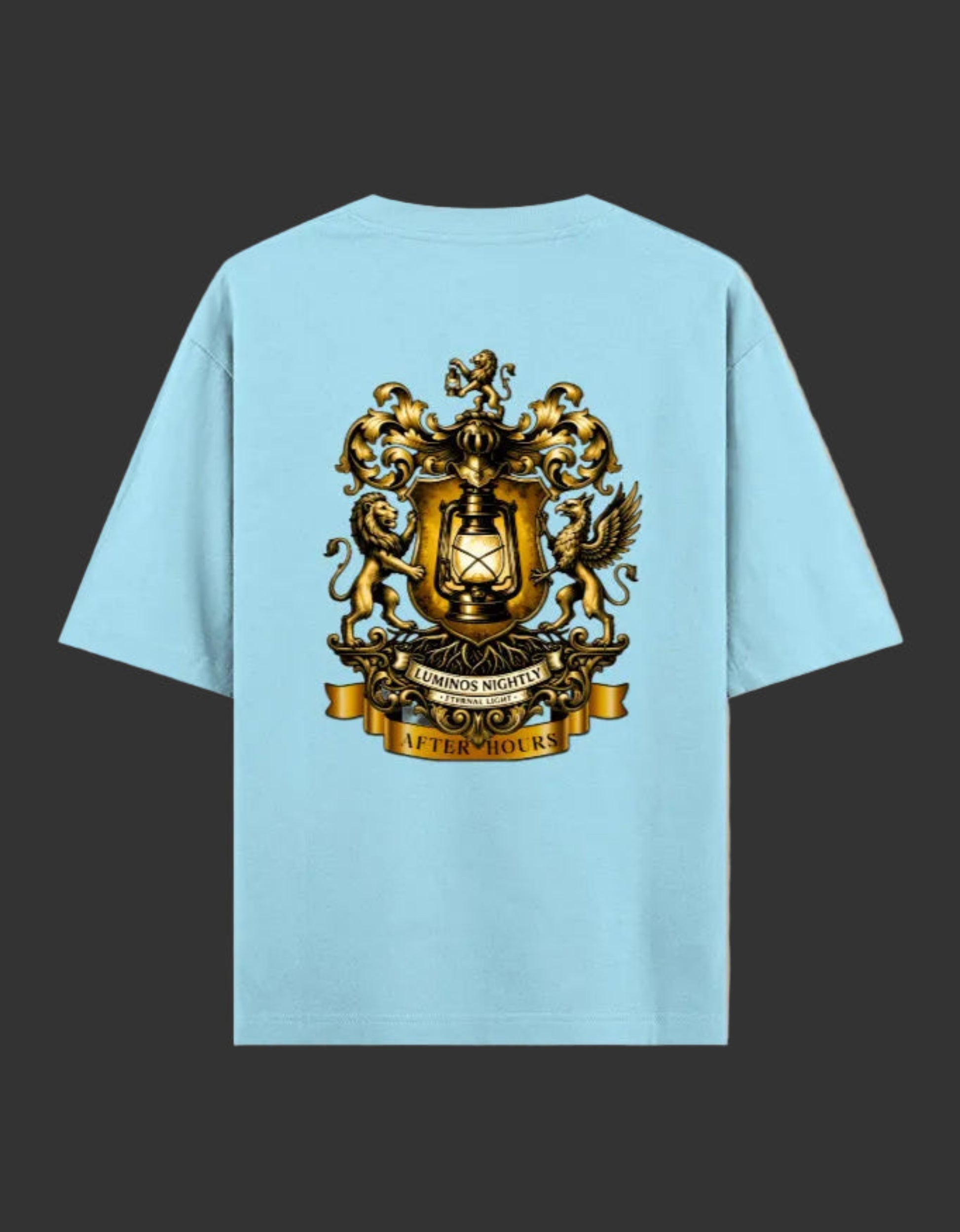 Baby blue t-shirt with a gold After Hours Coat of Arms emblem on a grey background