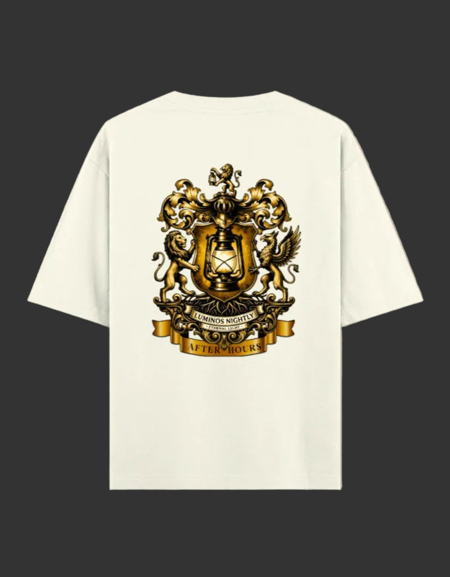 Off white t-shirt with a gold After Hours Coat of Arms emblem design on a grey background