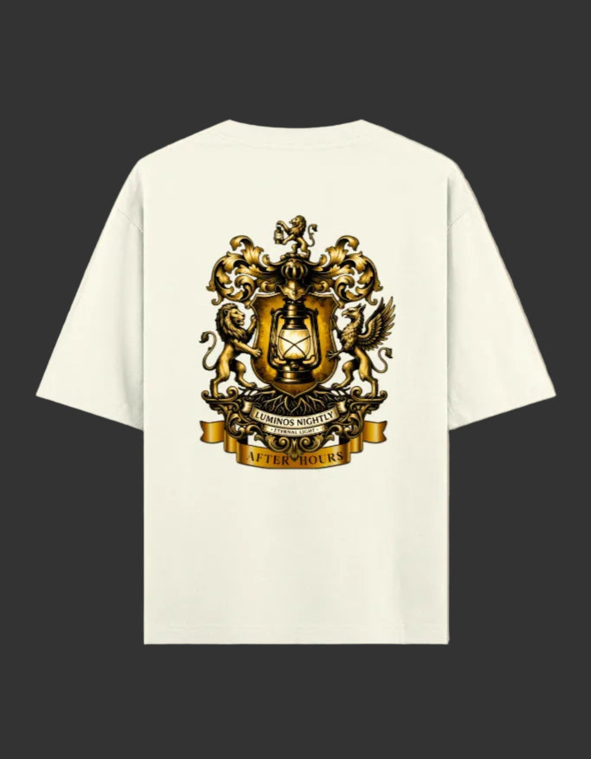 Off white t-shirt with a gold After Hours Coat of Arms emblem design on a grey background