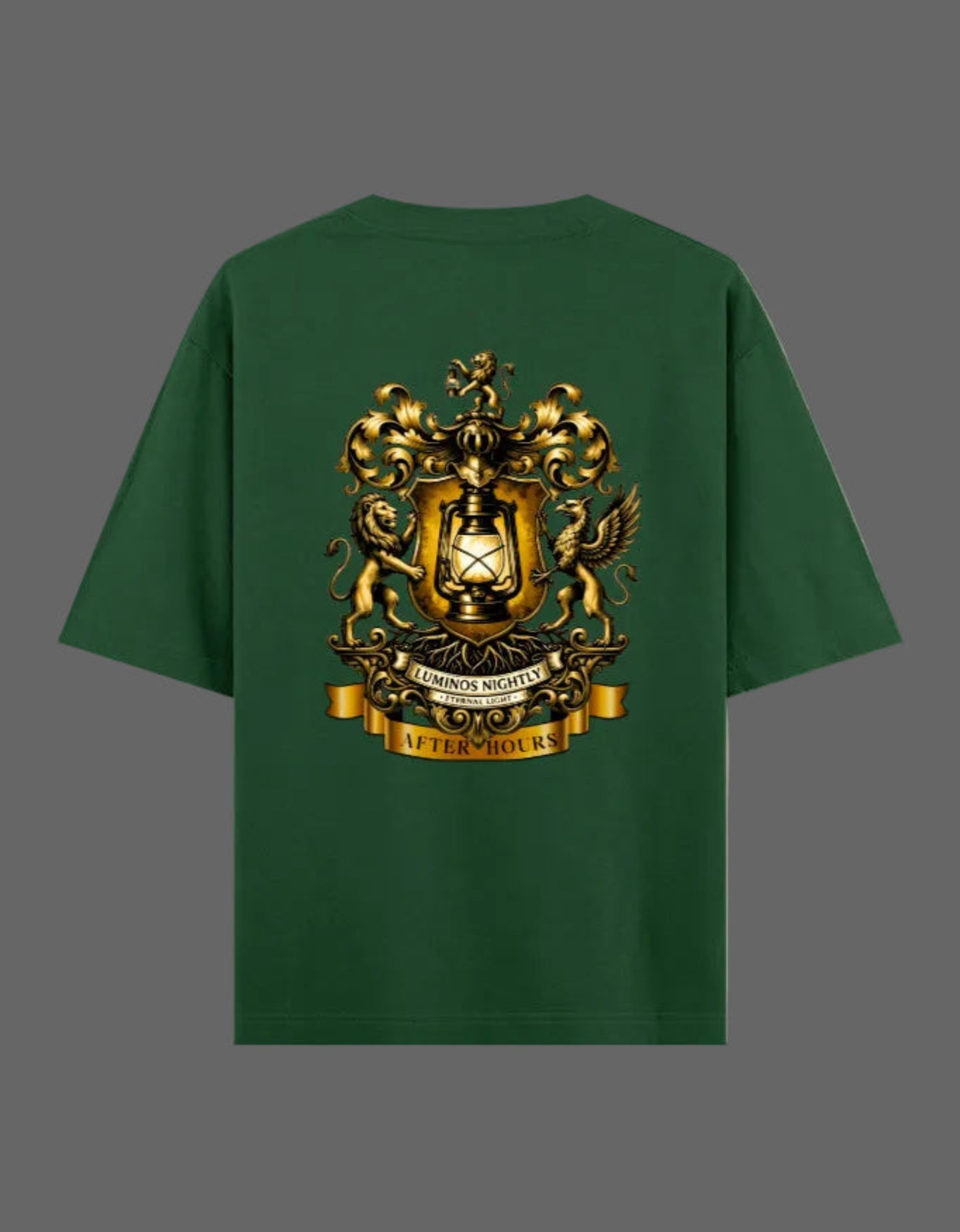 Bottle green t-shirt with a gold After Hours Coat of Arms emblem on the back against a grey background