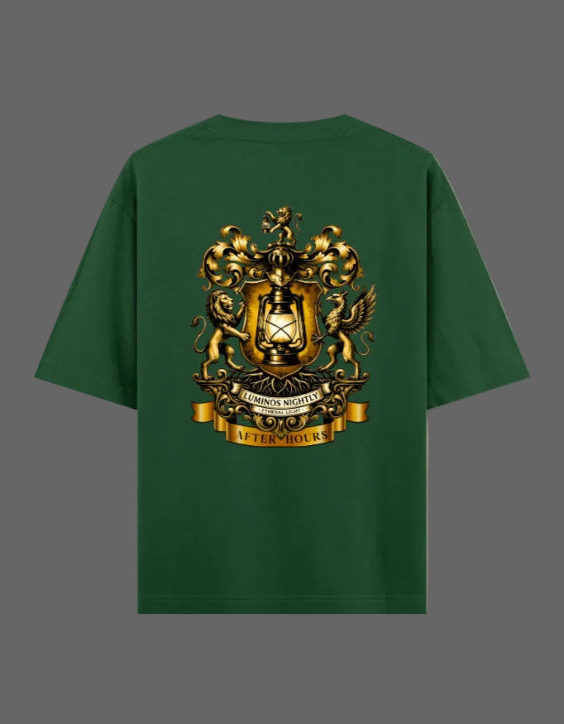 Bottle green t-shirt with a gold After Hours Coat of Arms emblem on the back against a grey background