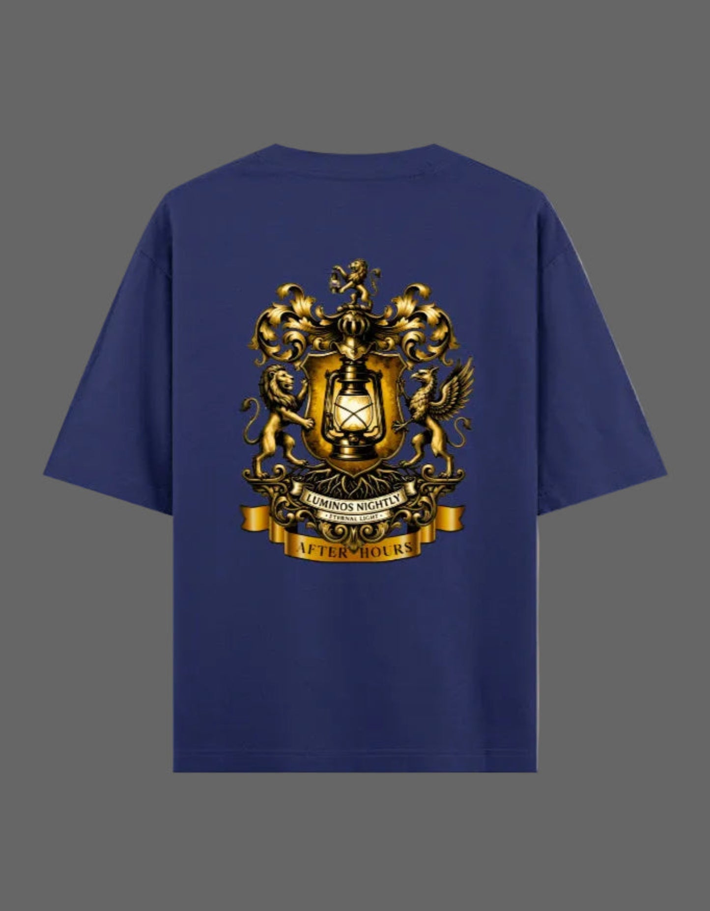 Royal blue t-shirt with a gold After Hours Coat of Arms emblem on the back against a grey background