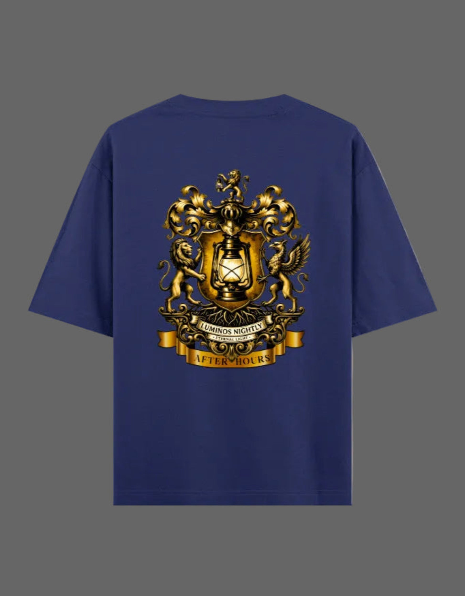 Royal blue t-shirt with a gold After Hours Coat of Arms emblem on the back against a grey background