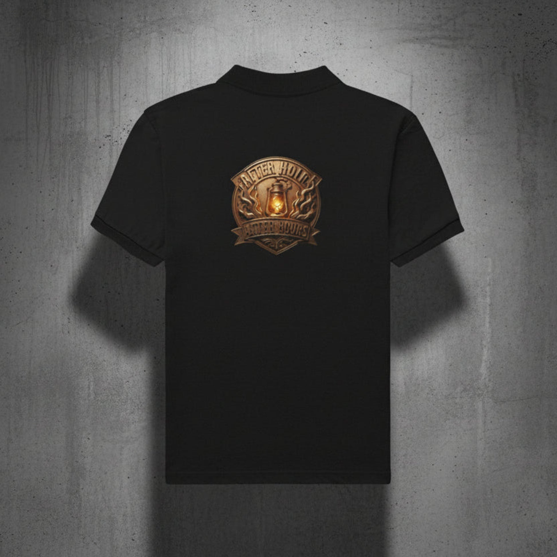 Black t-shirt with a logo on the back against a grey textured background