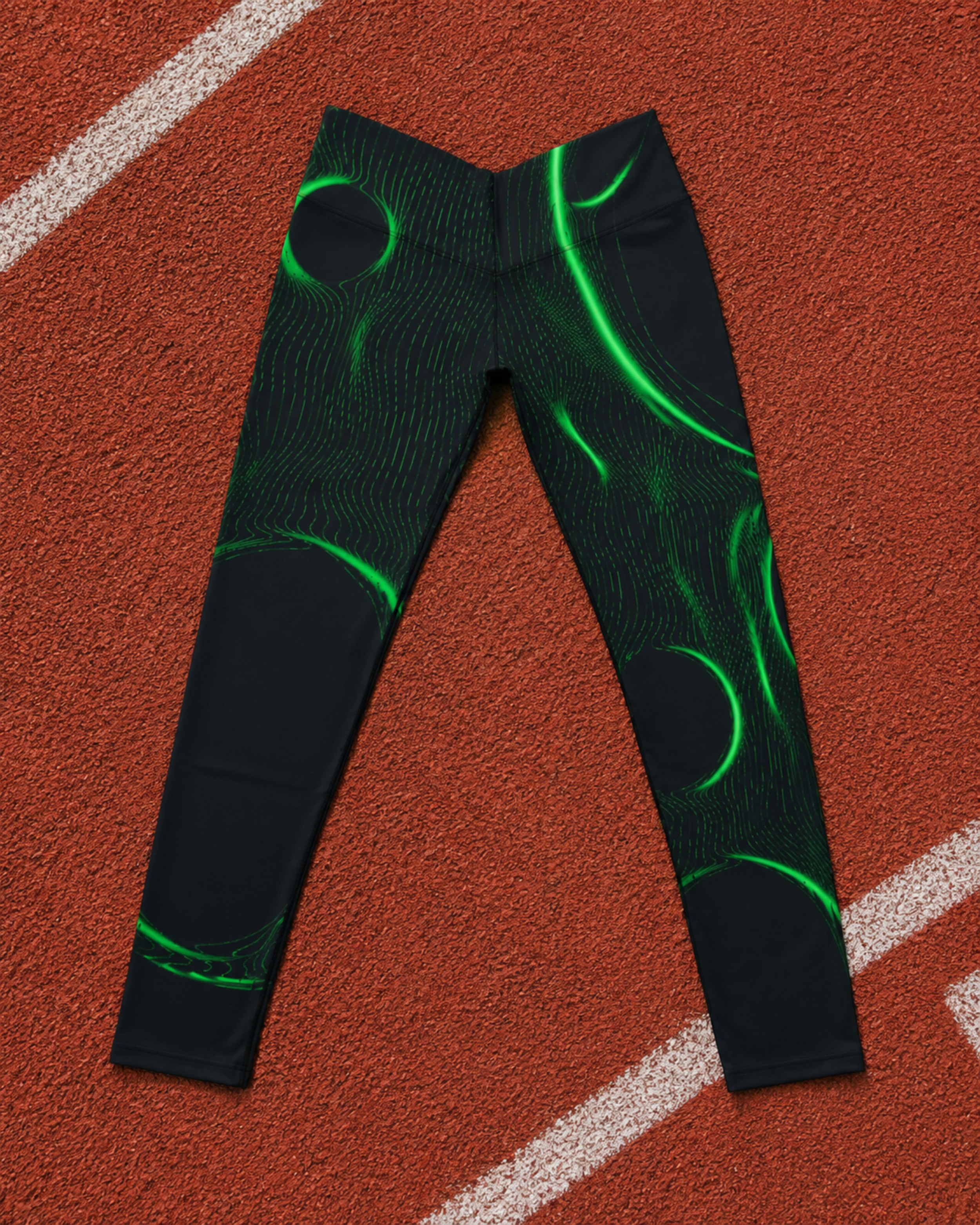 Black athletic leggings with a vibrant neon green abstract swirl pattern, laid flat on an orange running track with white lane markings.