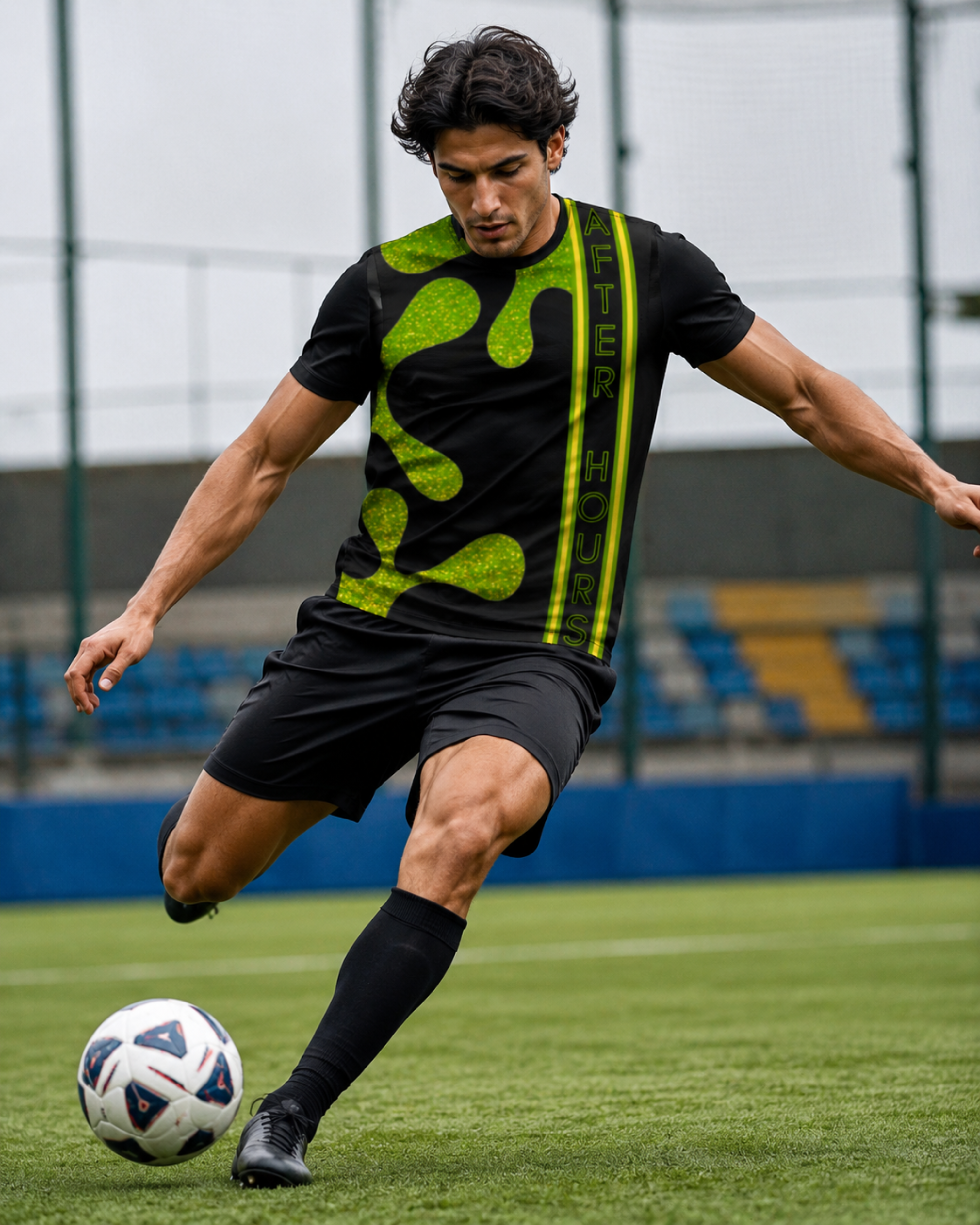 A soccer player in a black and neon green athletic kit dribbling a soccer ball on a green turf field.