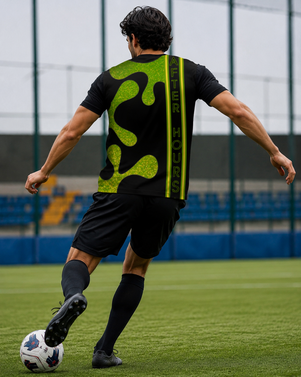 A man wearing a black athletic jersey with a bright lime green abstract pattern and vertical 'AFTER HOURS' branding, running on a green soccer field while controlling a soccer ball.