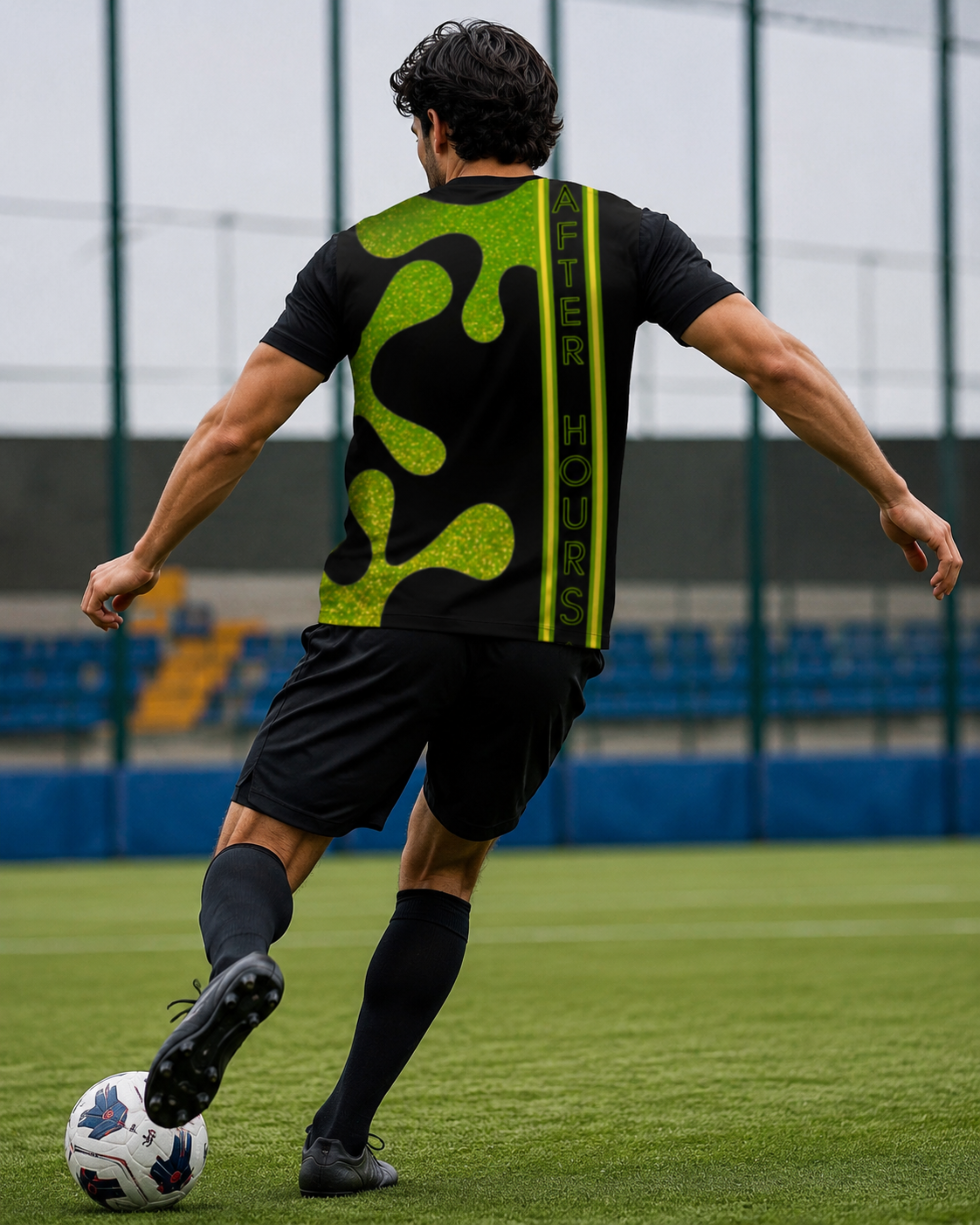 A man wearing a black athletic jersey with a bright lime green abstract pattern and vertical 'AFTER HOURS' branding, running on a green soccer field while controlling a soccer ball.